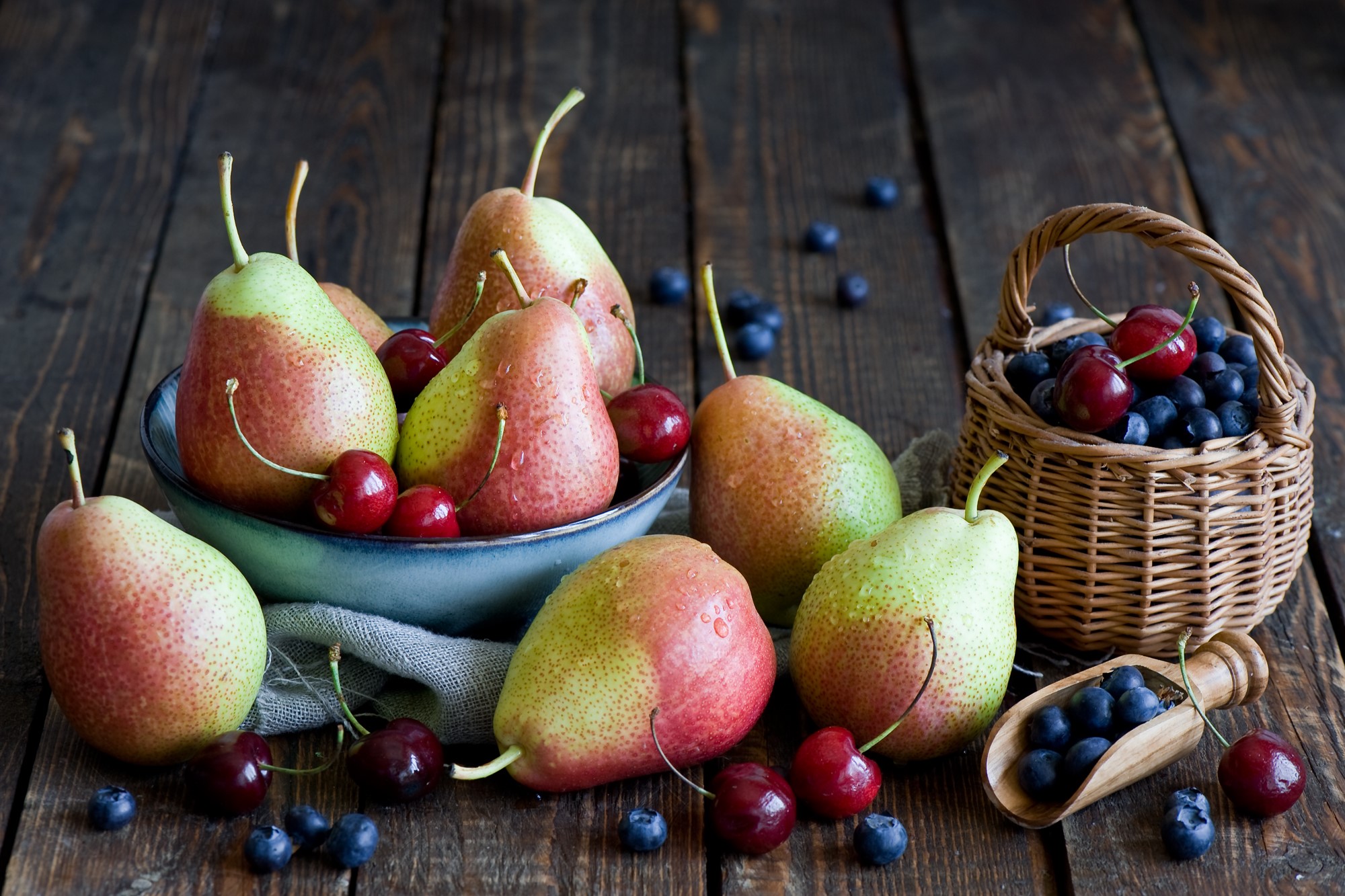 Pears, Cherries, and Blueberries in a Wicker Basket HD Wallpaper