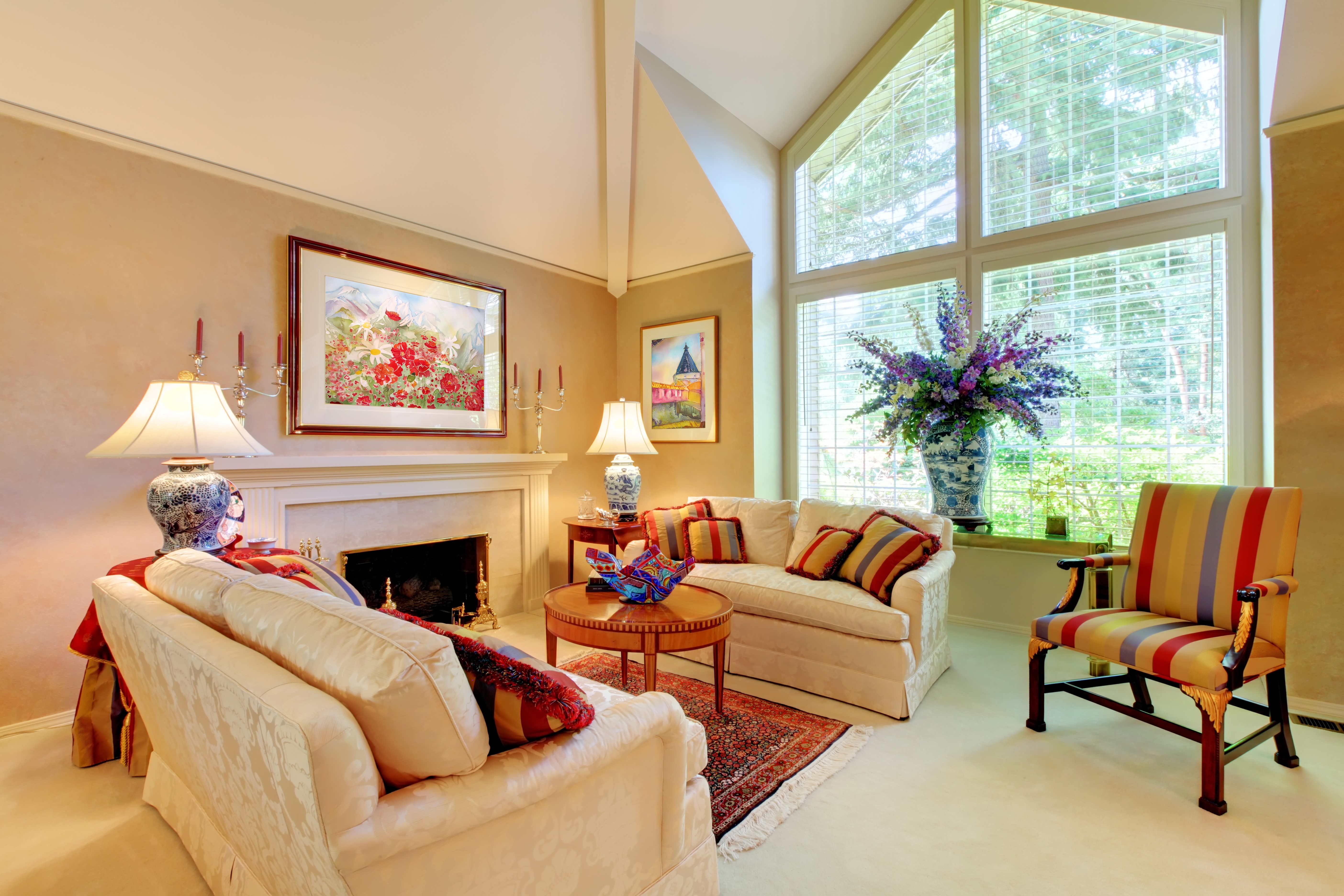 Living room with fireplace, sofa, and armchair HD Wallpaper
