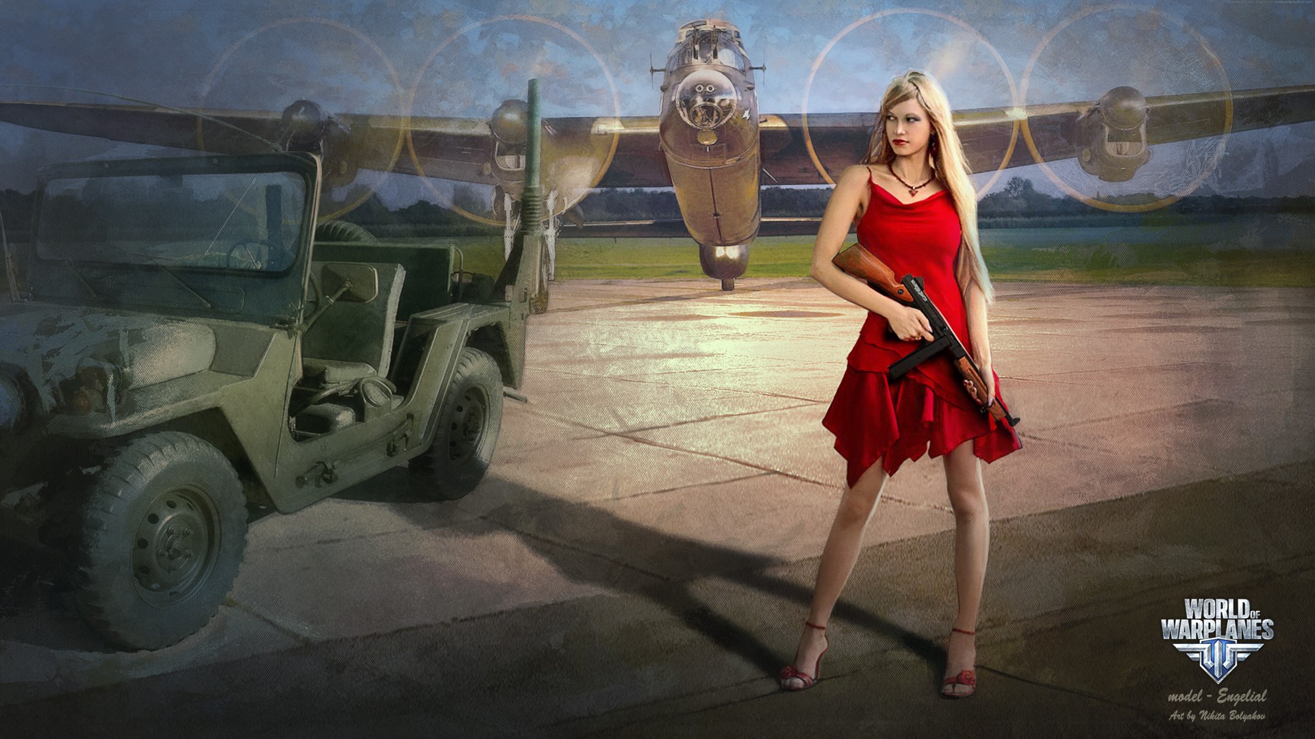 Woman with submachine gun and military jeep in World of Warplanes HD Wallpaper