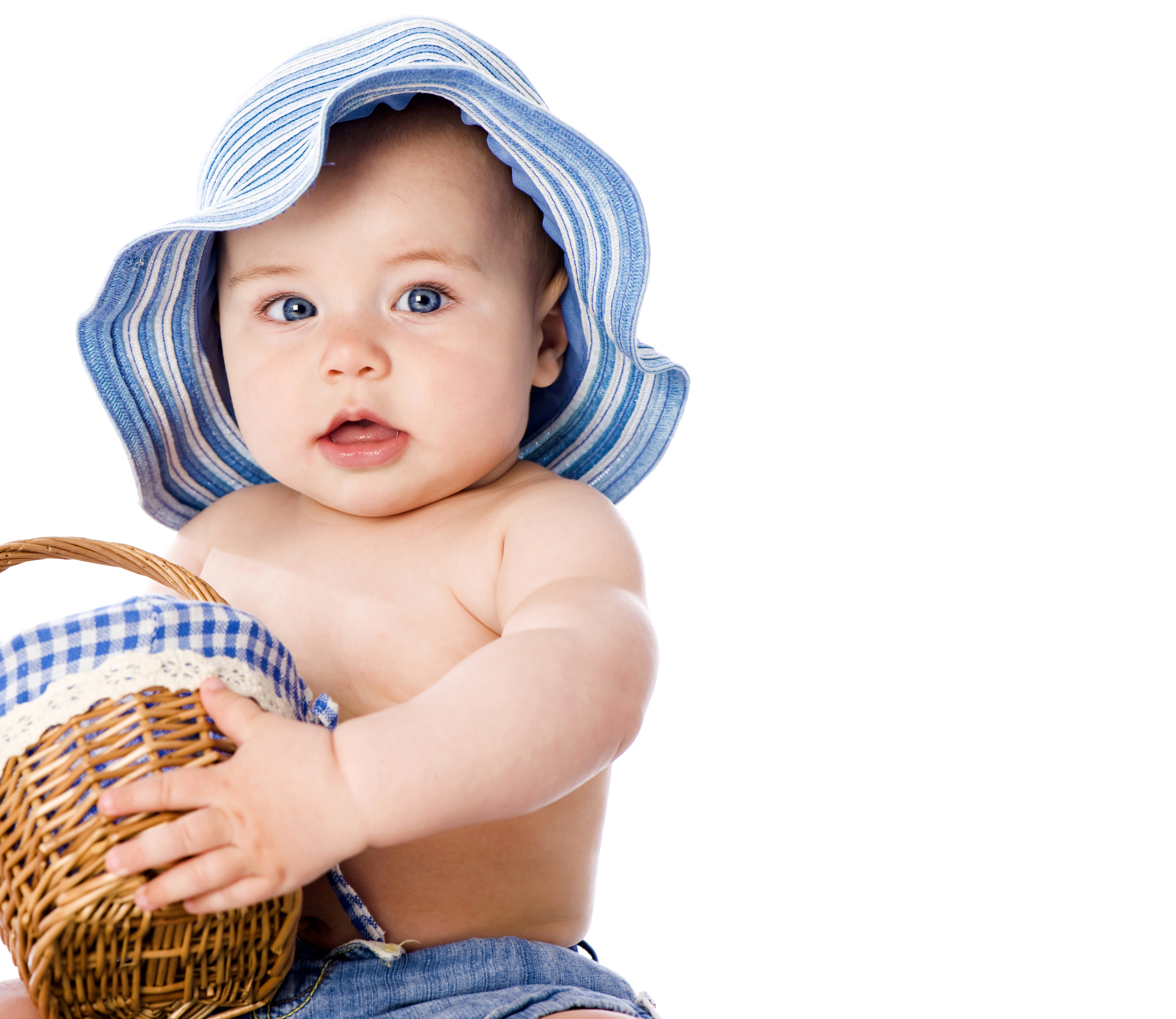 Baby in blue striped hat holding wicker basket HD Wallpaper