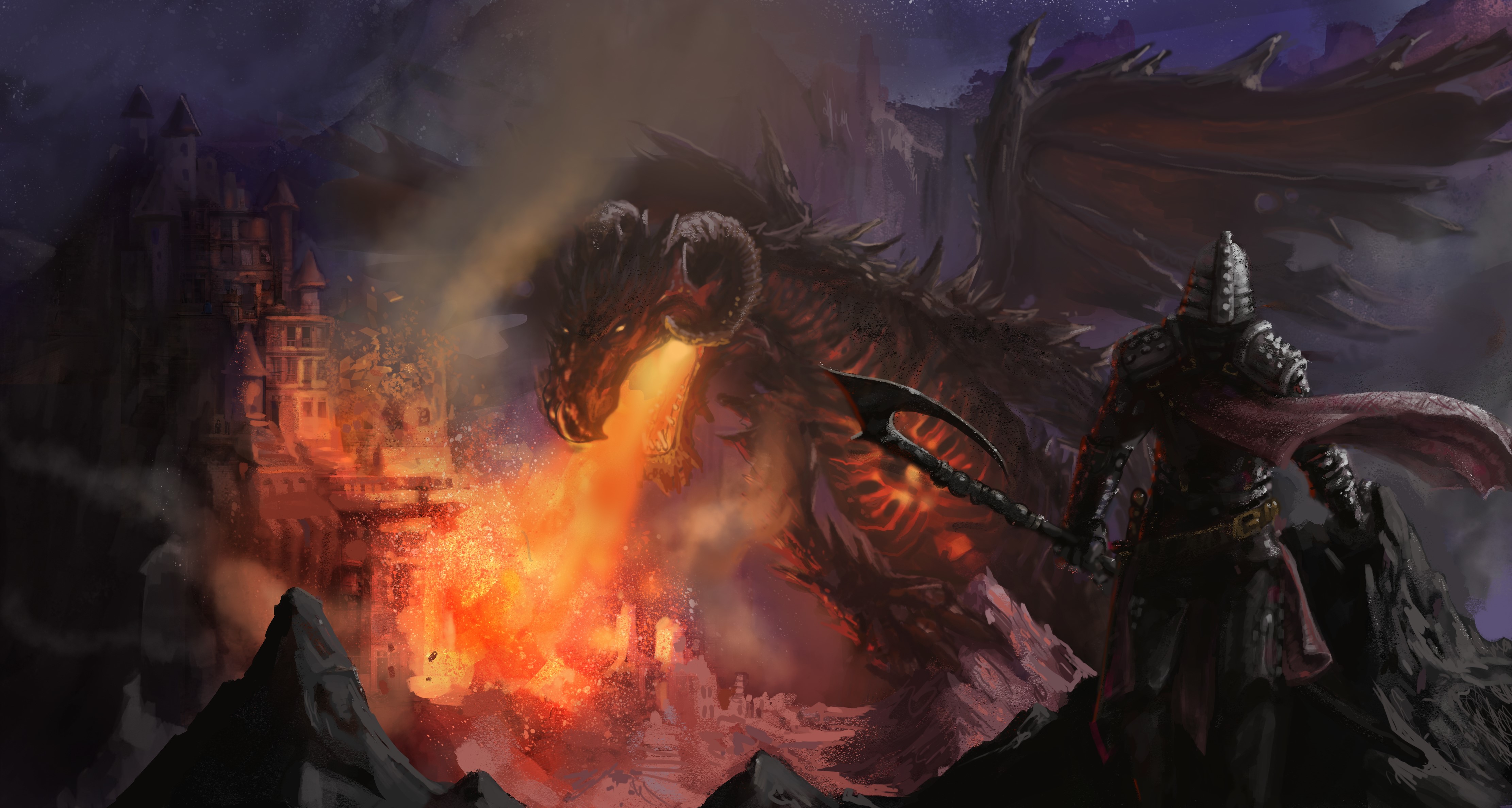 Dragon attacking a castle with a warrior present HD Wallpaper