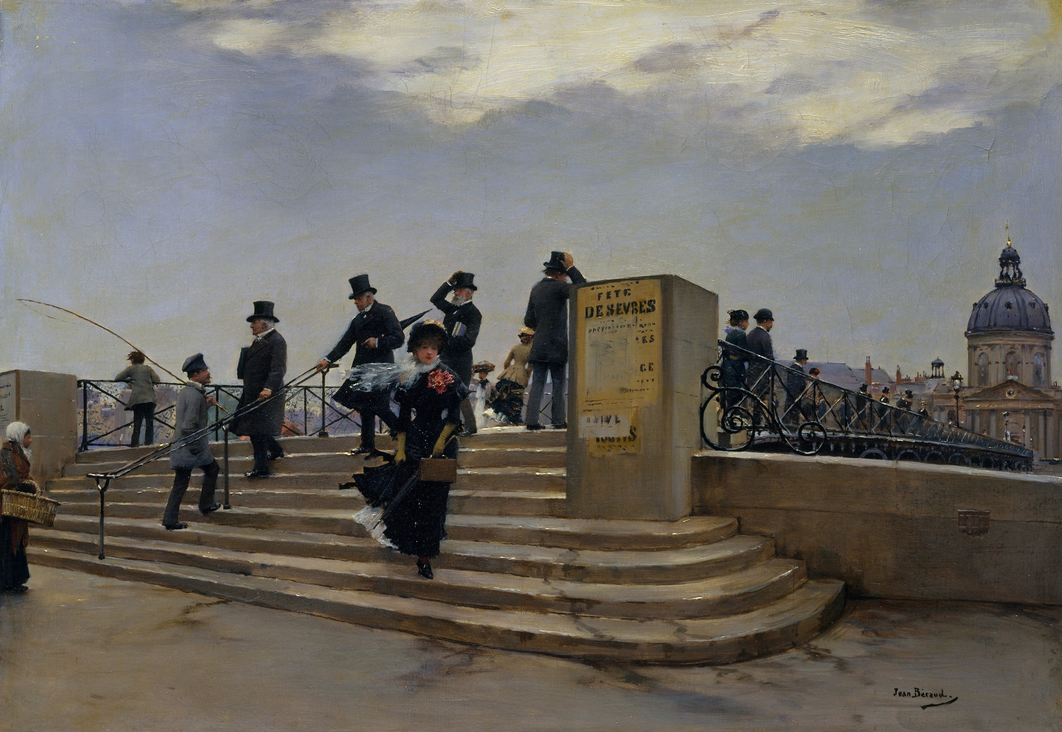 Jean Beraud painting of people on a bridge with a dome in the background HD Wallpaper