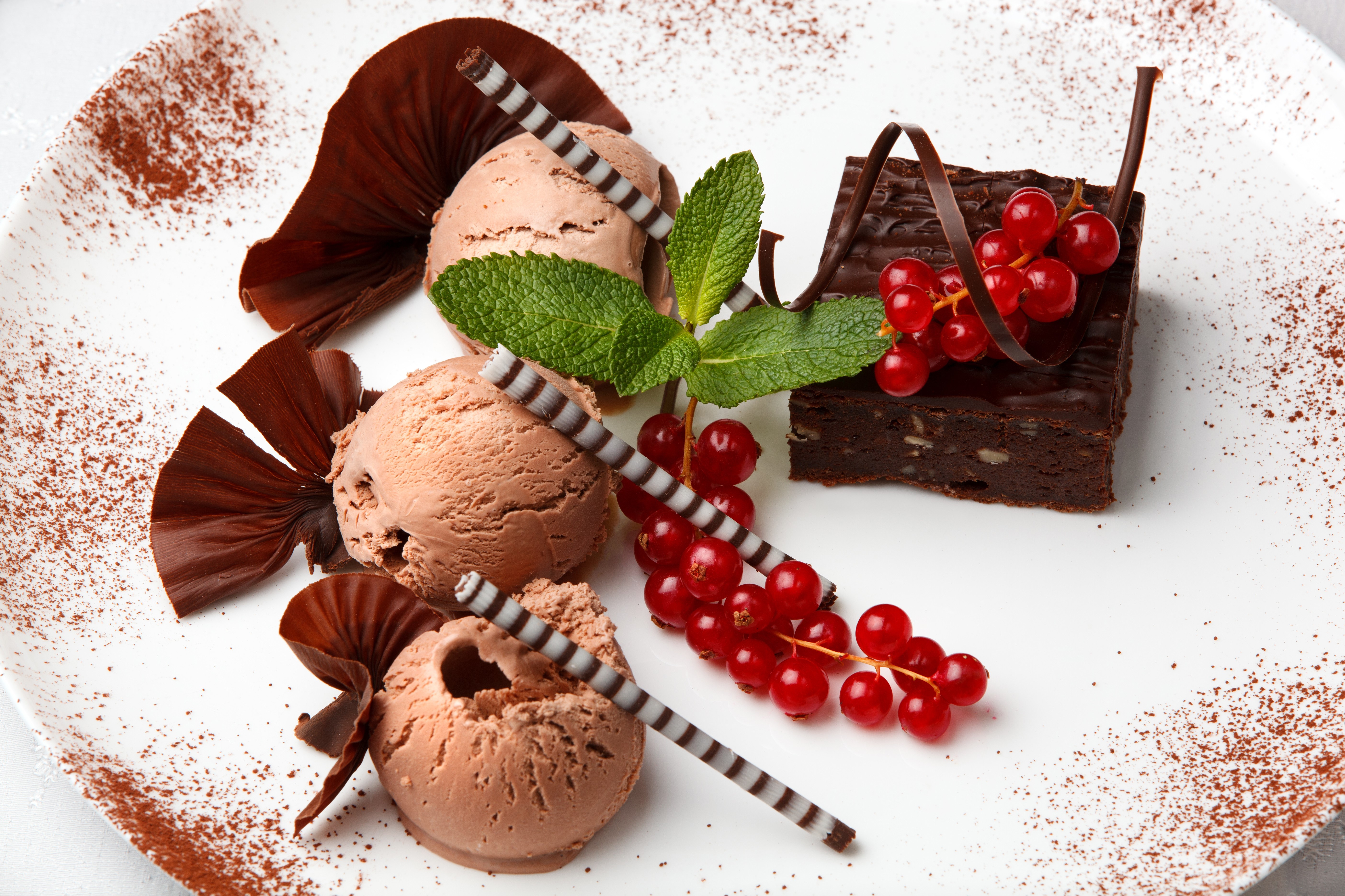 Chocolate ice cream with brownie and currants HD Wallpaper