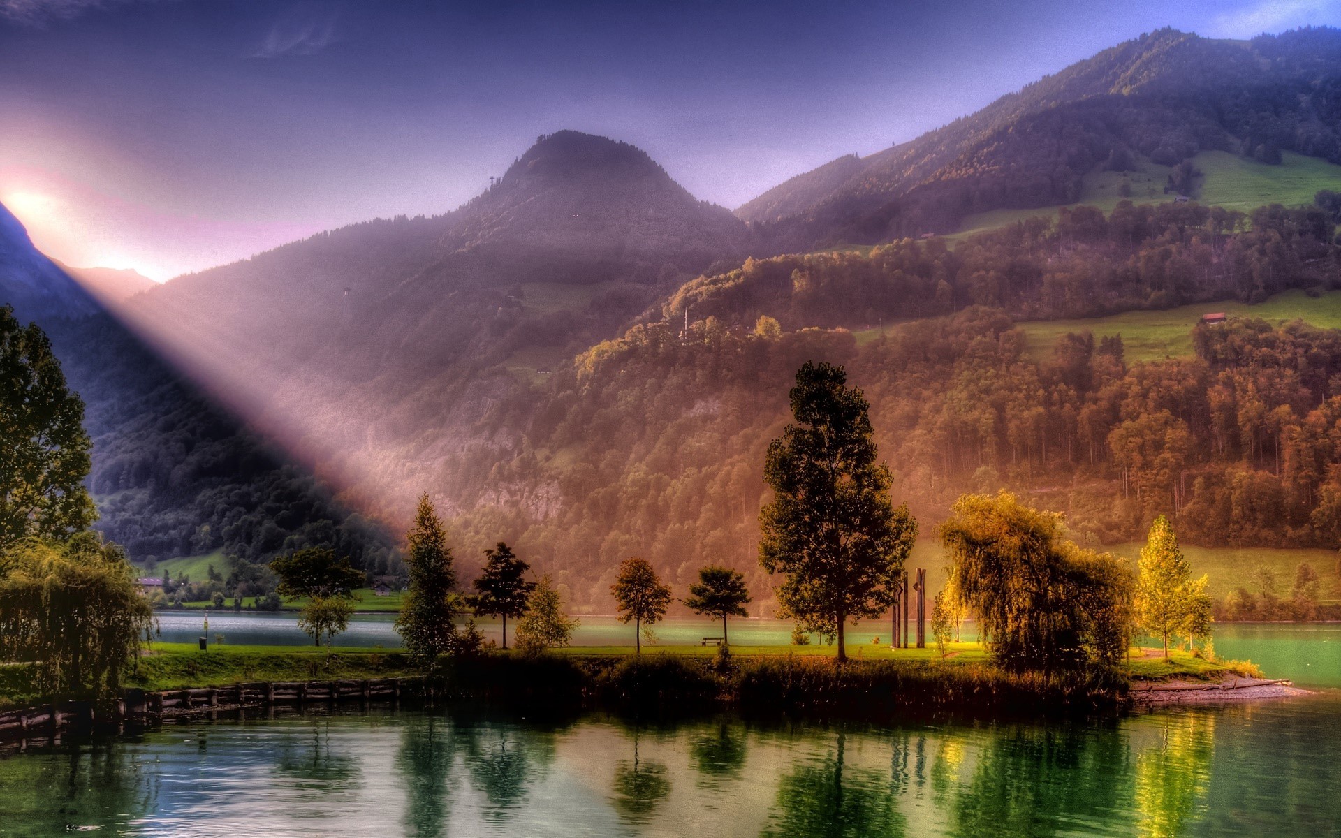 Mountains and lake with sun rays HD Wallpaper
