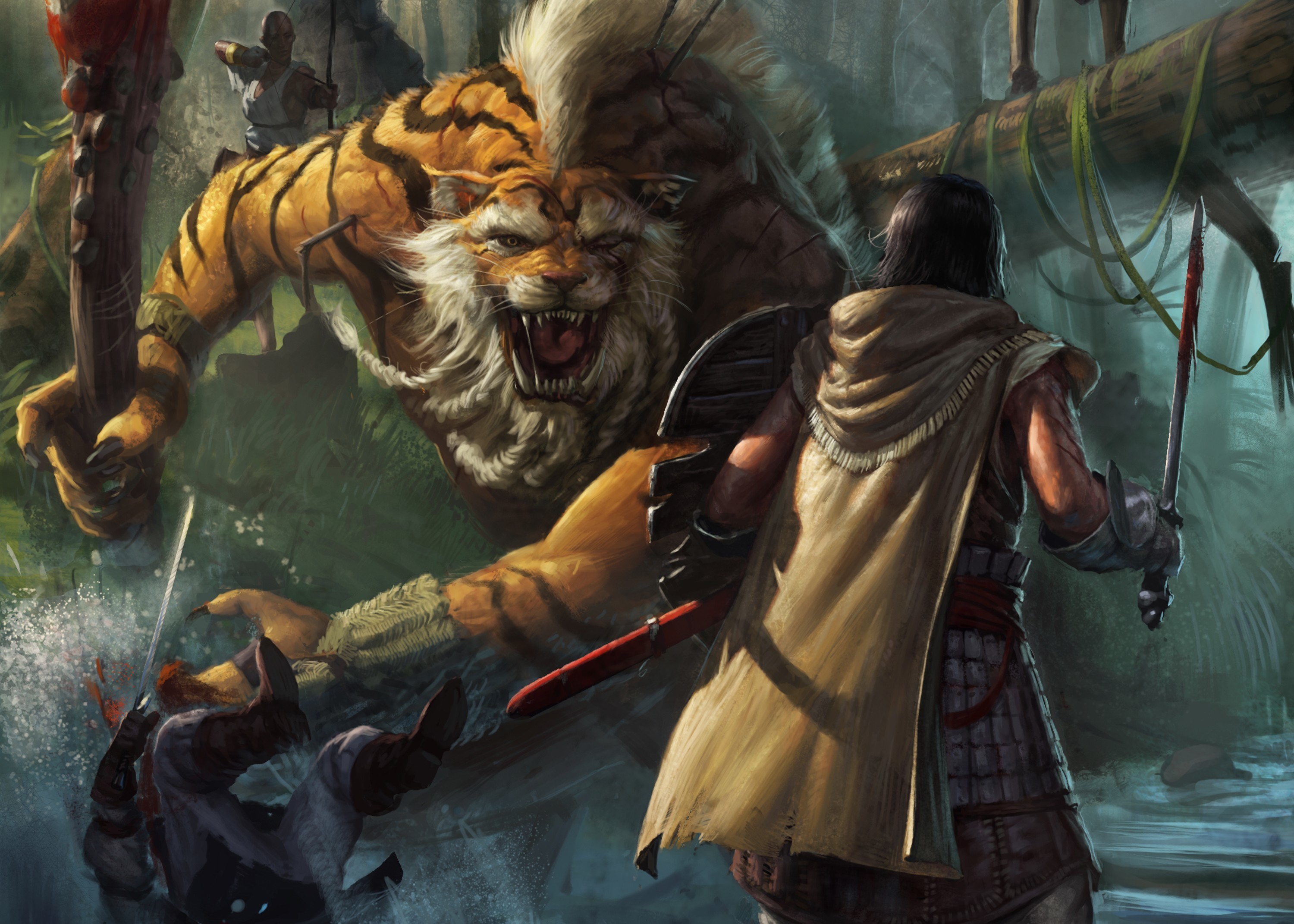 Tiger Monster Fighting Warriors with Swords HD Wallpaper