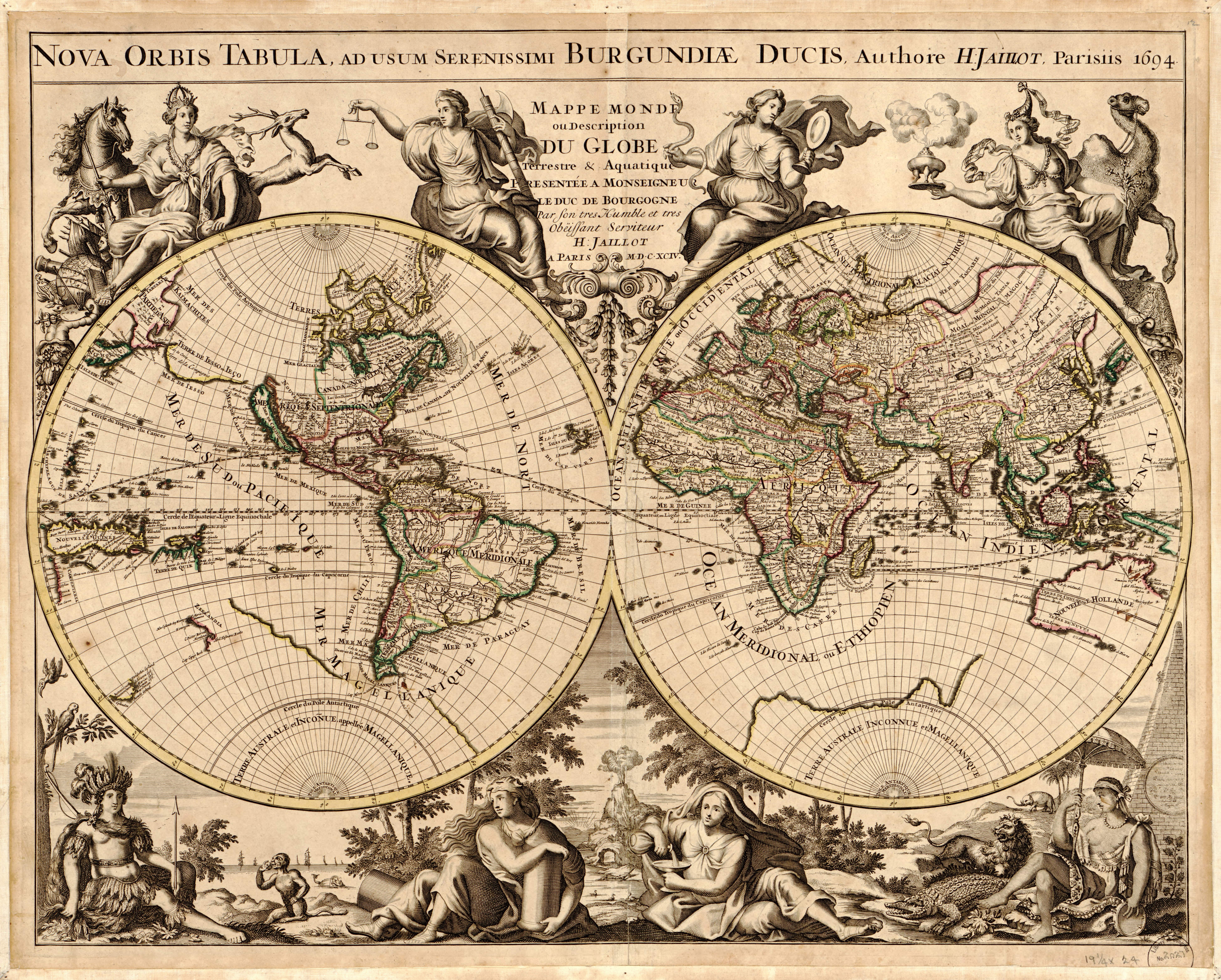 Nova Orbis Tabula World Map by H. Jaillot, 1694 HD Wallpaper