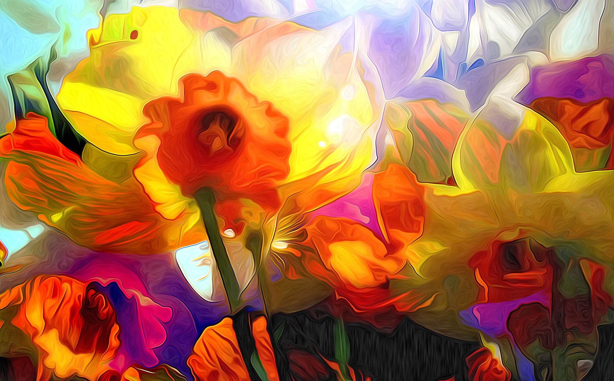 Abstract painting of colorful daffodils HD Wallpaper