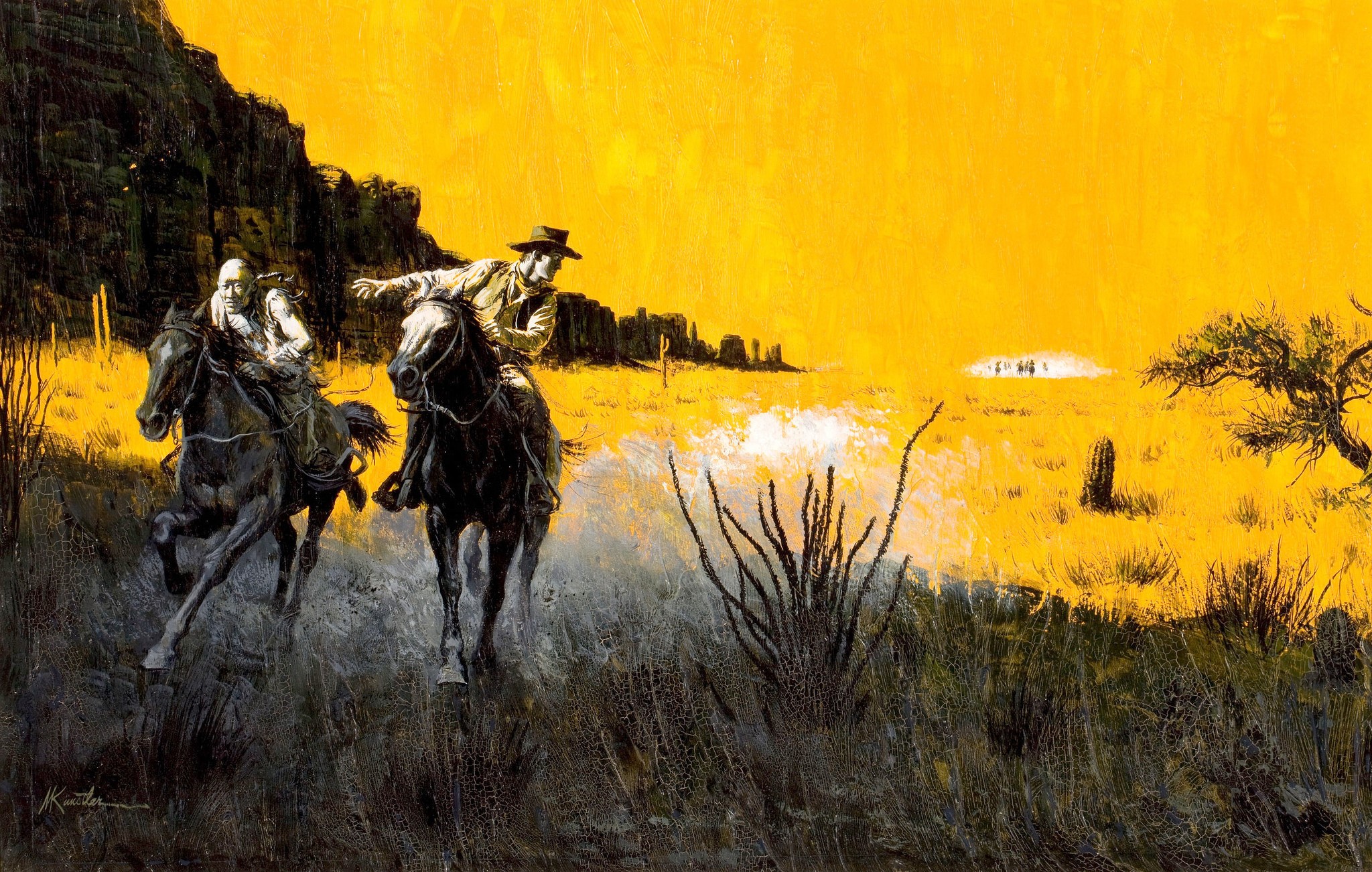 Two men on horseback in a desert landscape HD Wallpaper