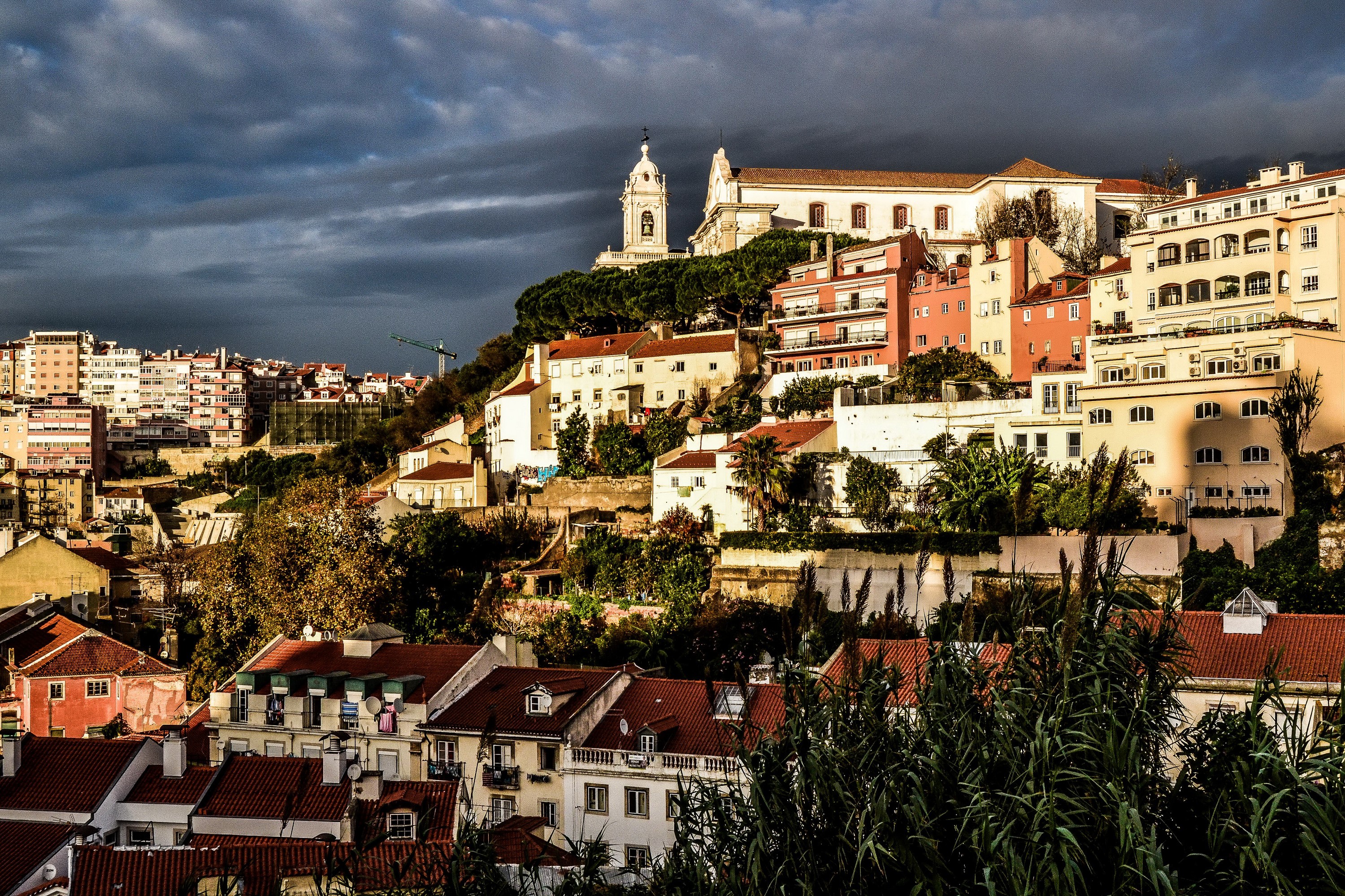 Lisbon cityscape with church on hill HD Wallpaper
