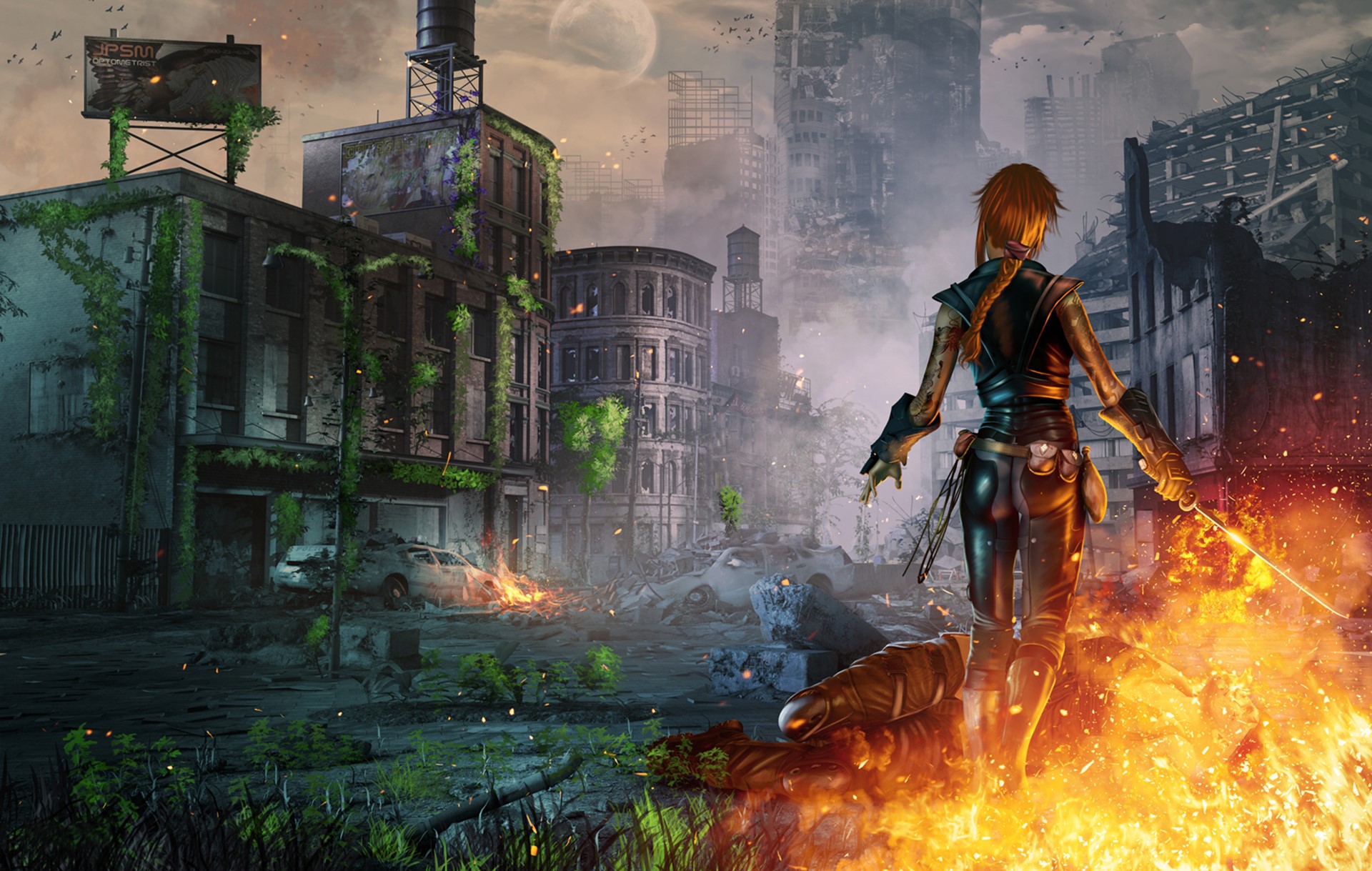 Redhead woman with sword in ruined city with fire HD Wallpaper