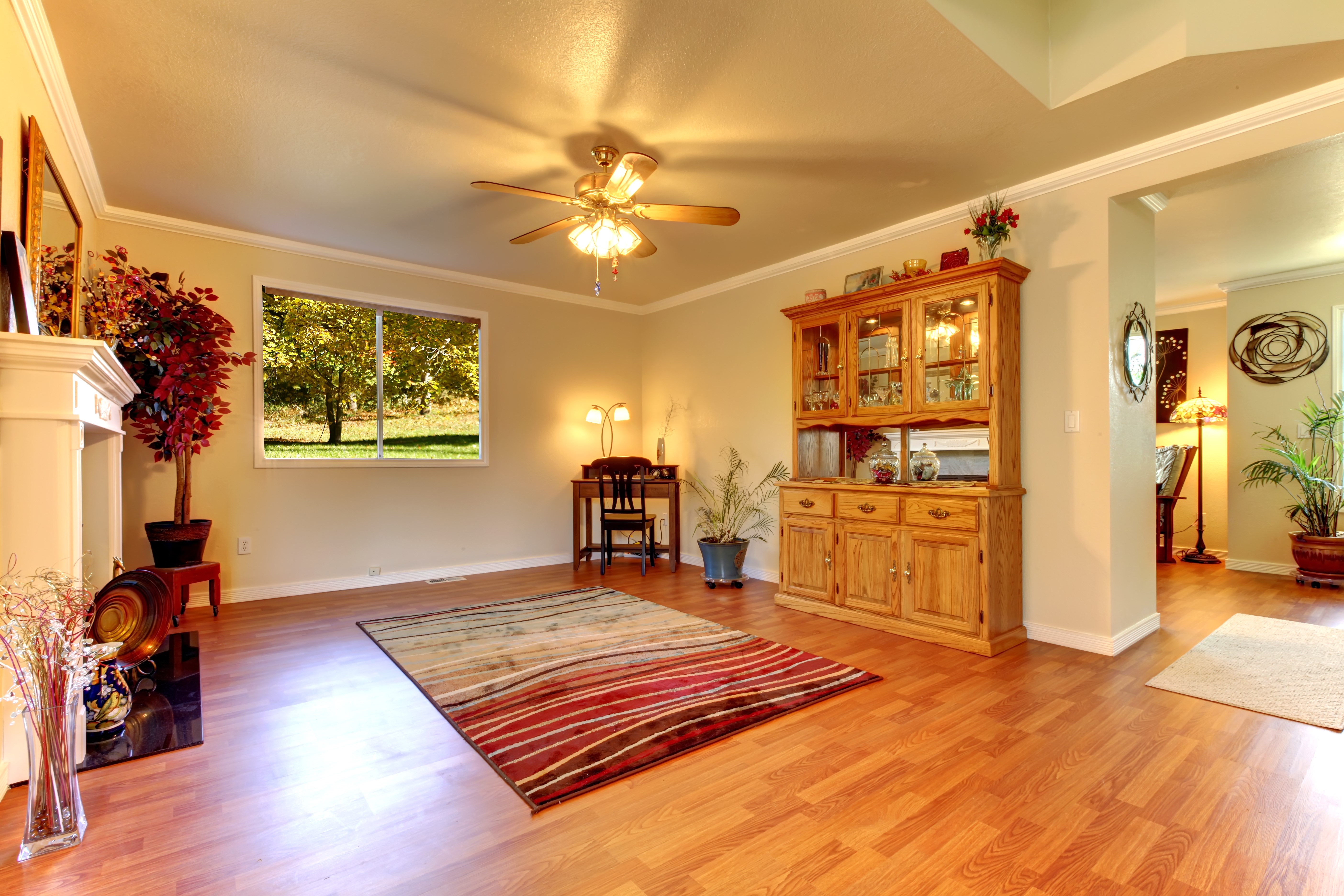 Living room interior with wooden furniture and carpet HD Wallpaper