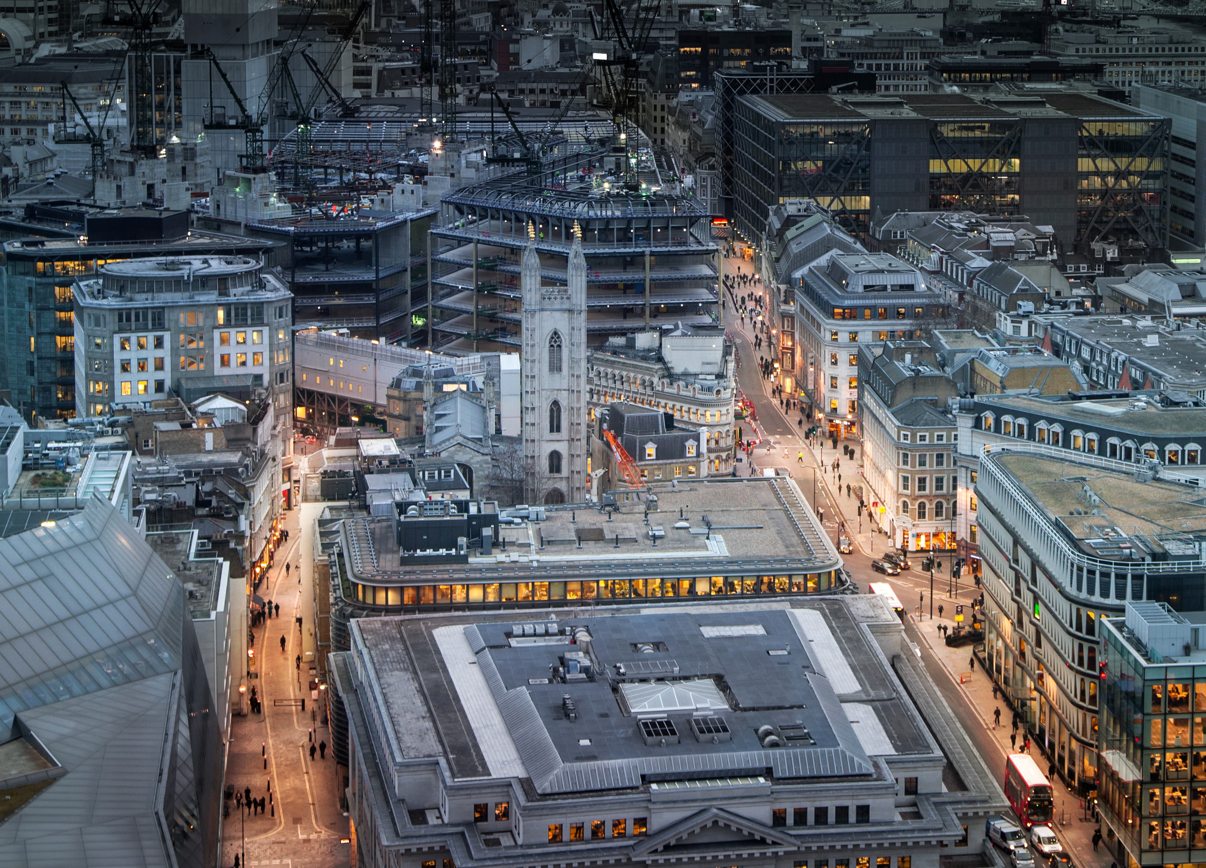 Aerial View of London Street with Buildings and Cranes HD Wallpaper