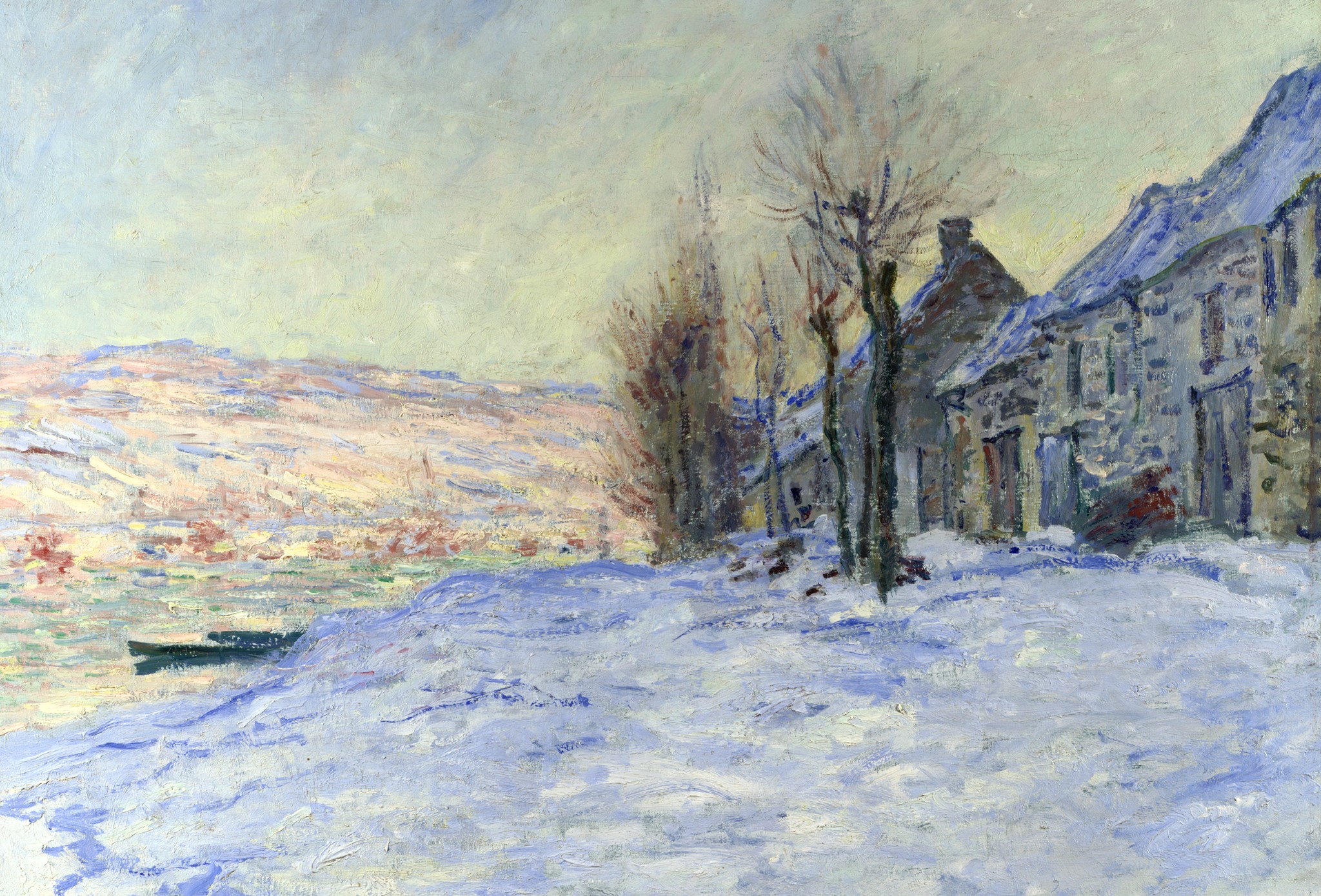 Winter scene with houses and snow-covered landscape HD Wallpaper