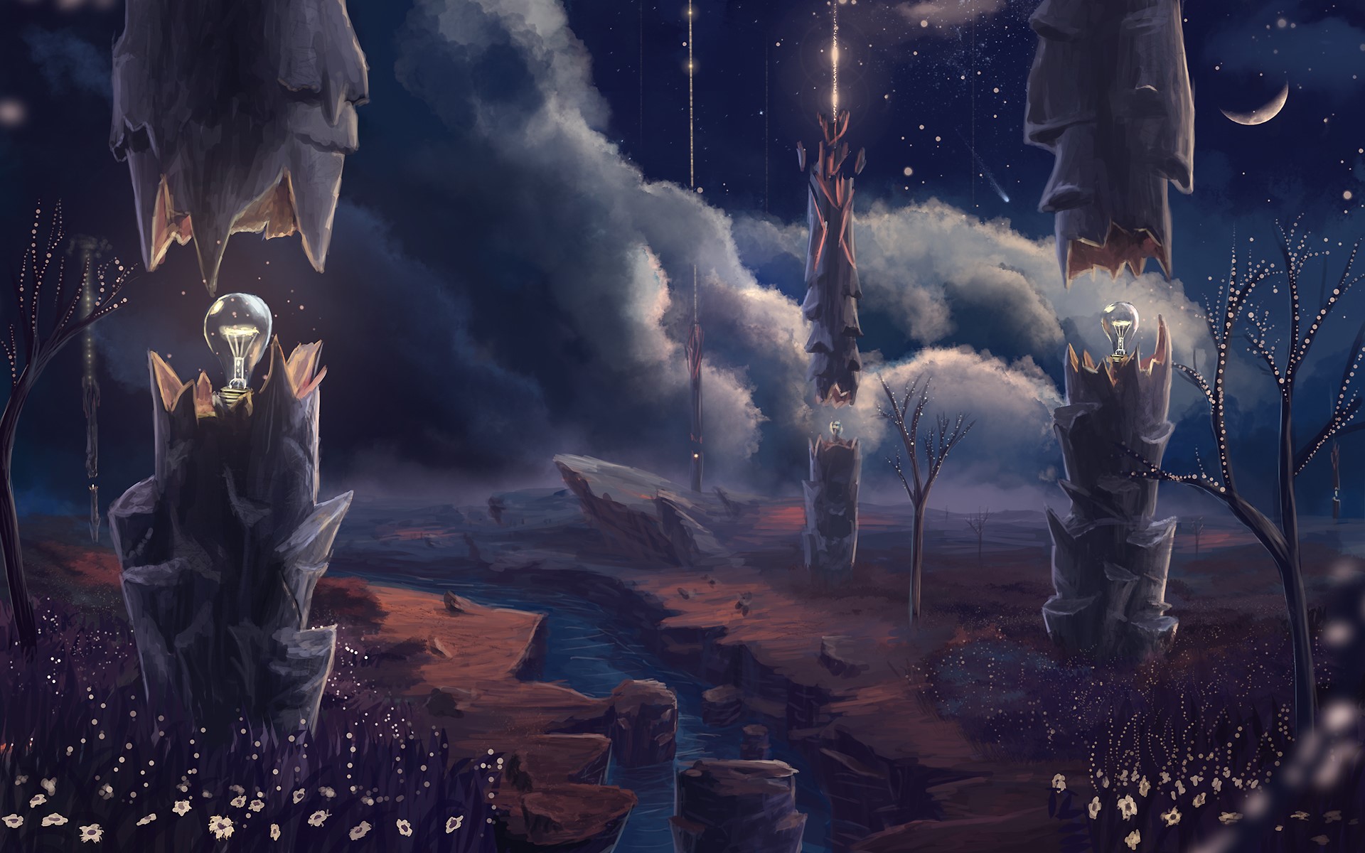 Alien landscape with glowing light bulbs and towers at night HD Wallpaper