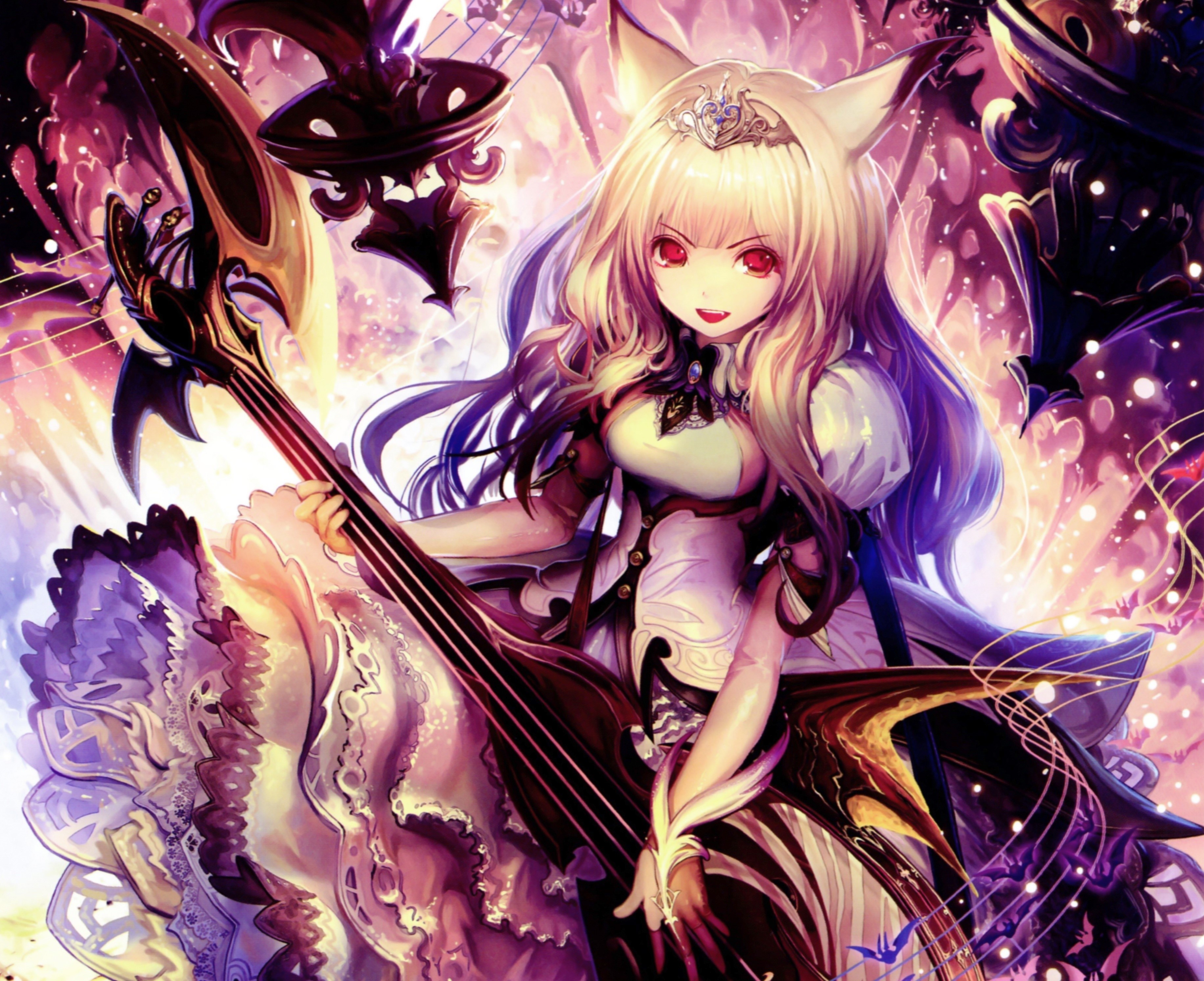 Girl with cat ears playing a string instrument HD Wallpaper