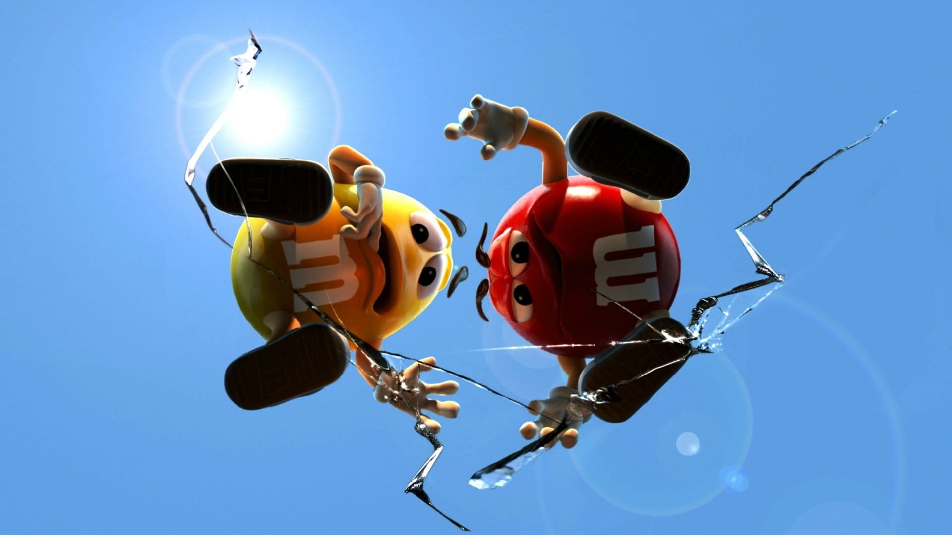 Yellow and Red M&M's characters breaking through glass HD Wallpaper