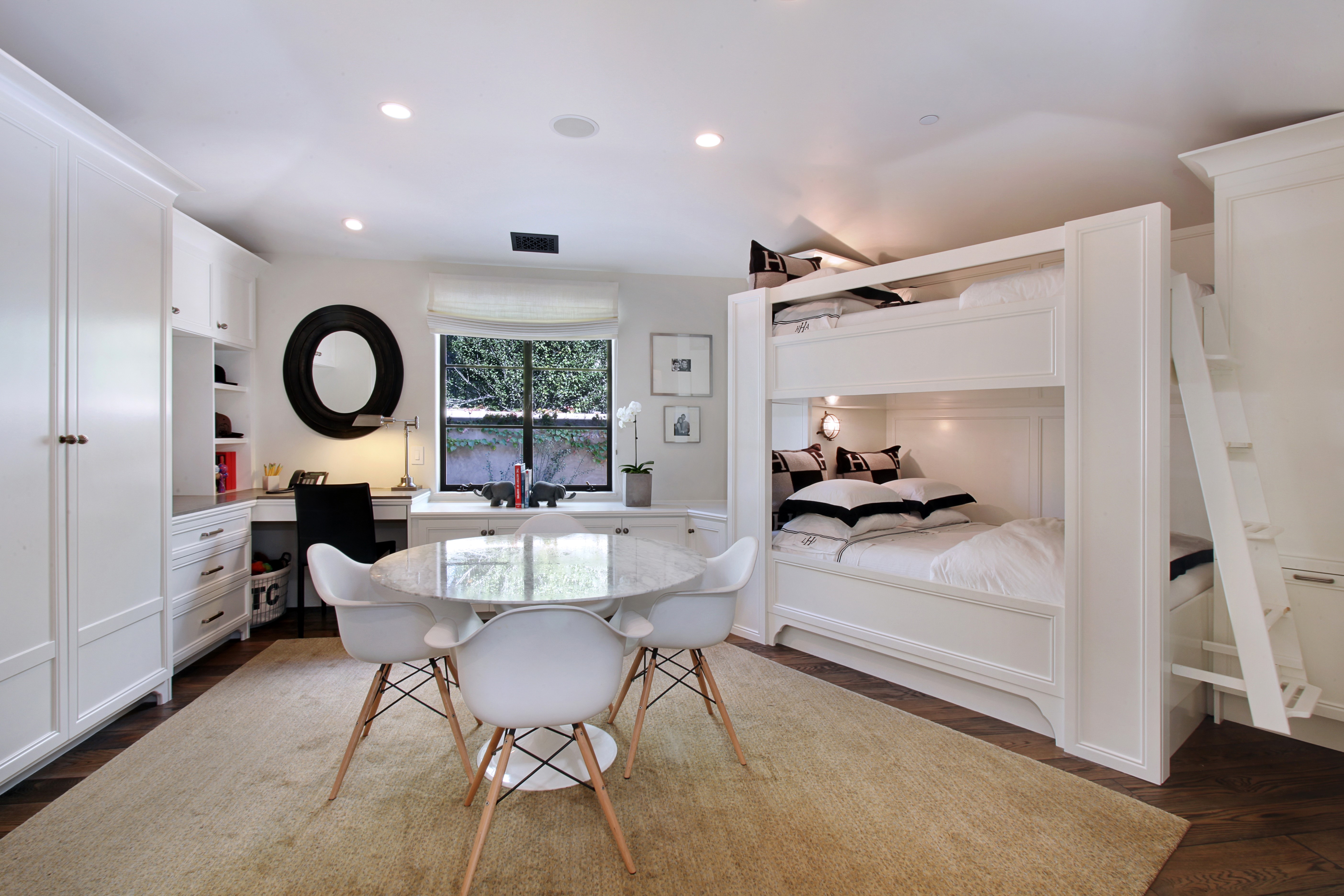 Modern Bedroom with Bunk Beds and Desk HD Wallpaper