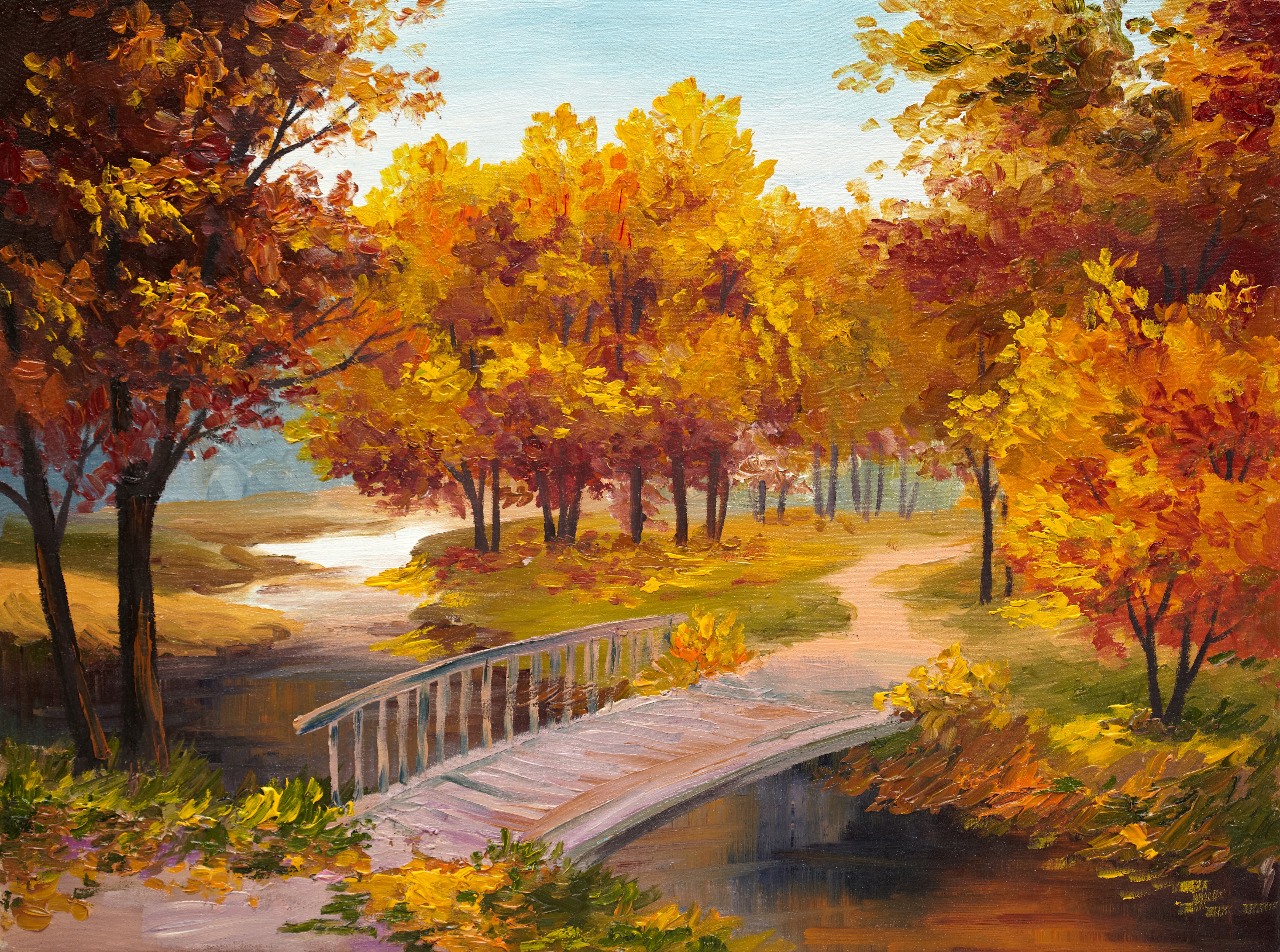 Autumn Park with Bridge and Pond Painting HD Wallpaper