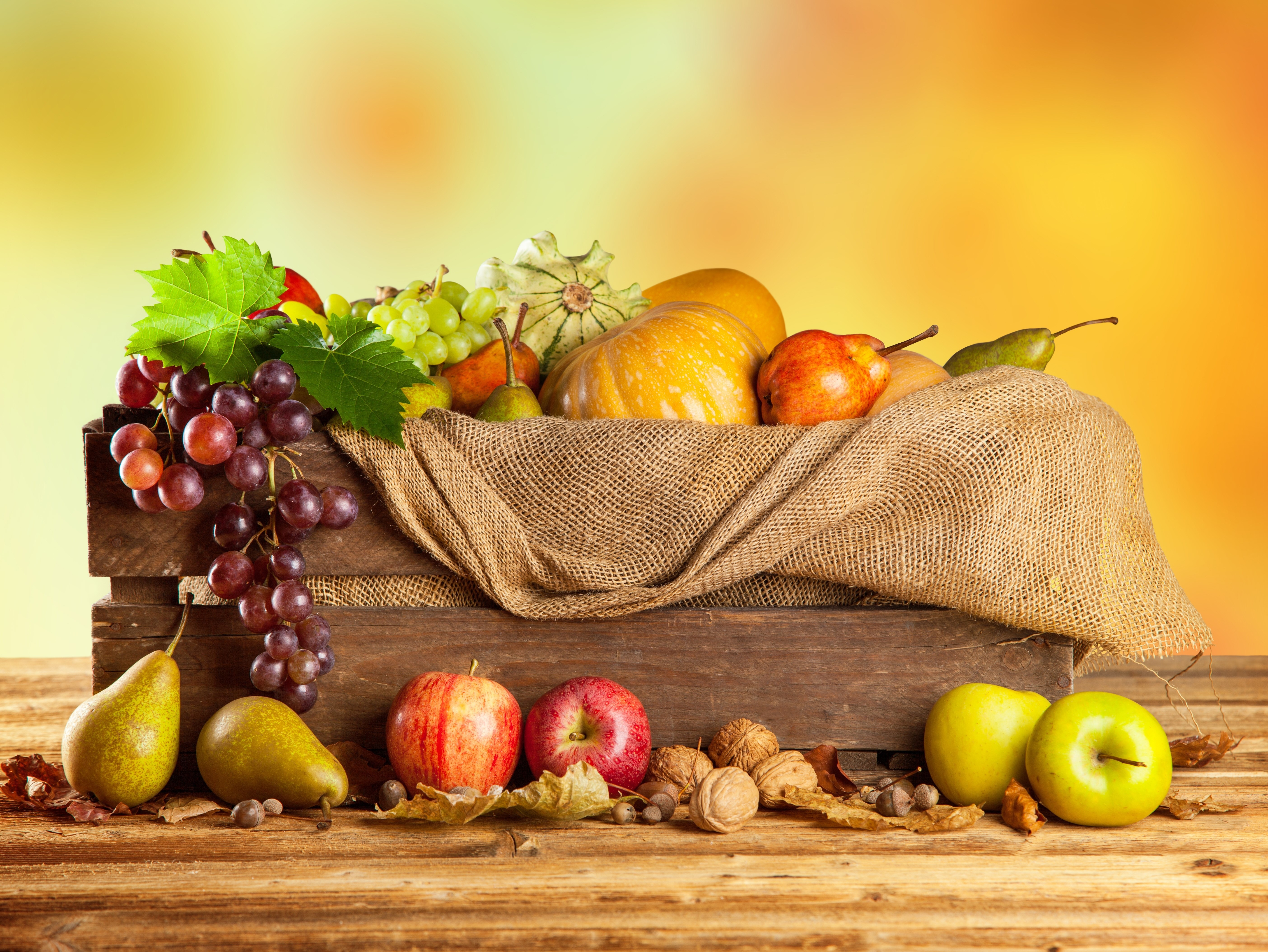 Autumn Harvest Fruit and Vegetables in Wooden Crate HD Wallpaper