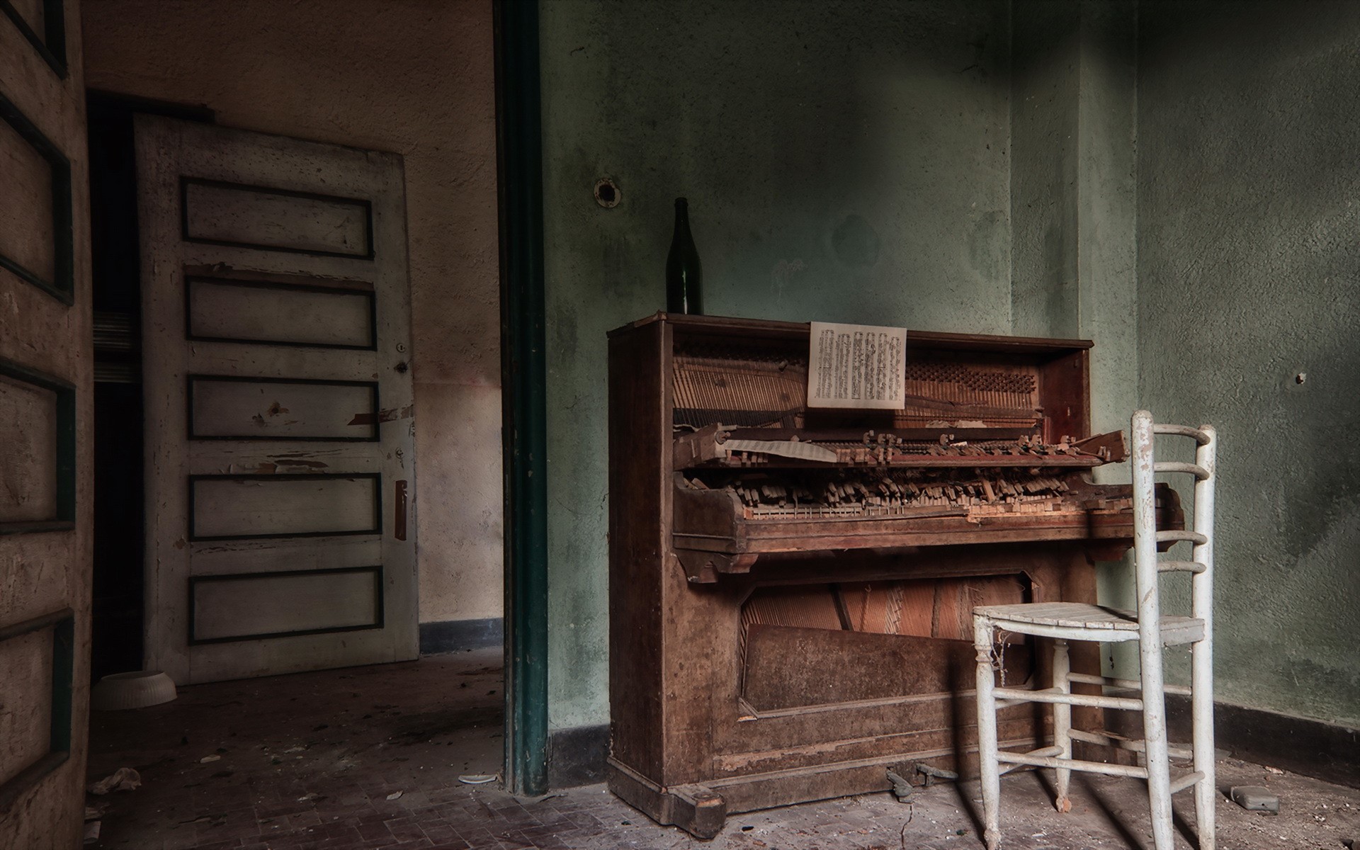 Abandoned room with a broken piano and chair HD Wallpaper