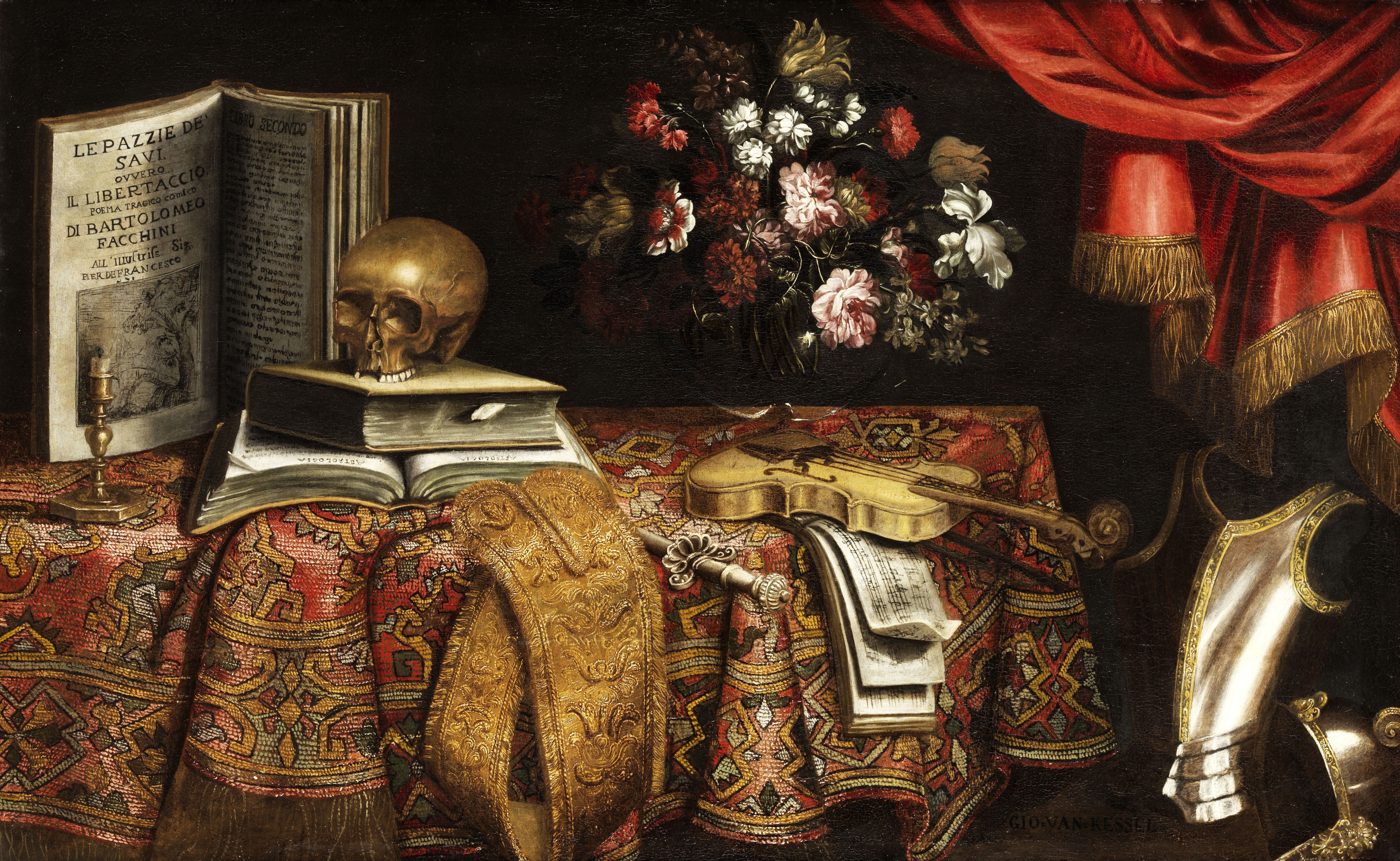 Vanitas Still Life with Skull, Violin, and Books by Pier Francesco Cittadini HD Wallpaper