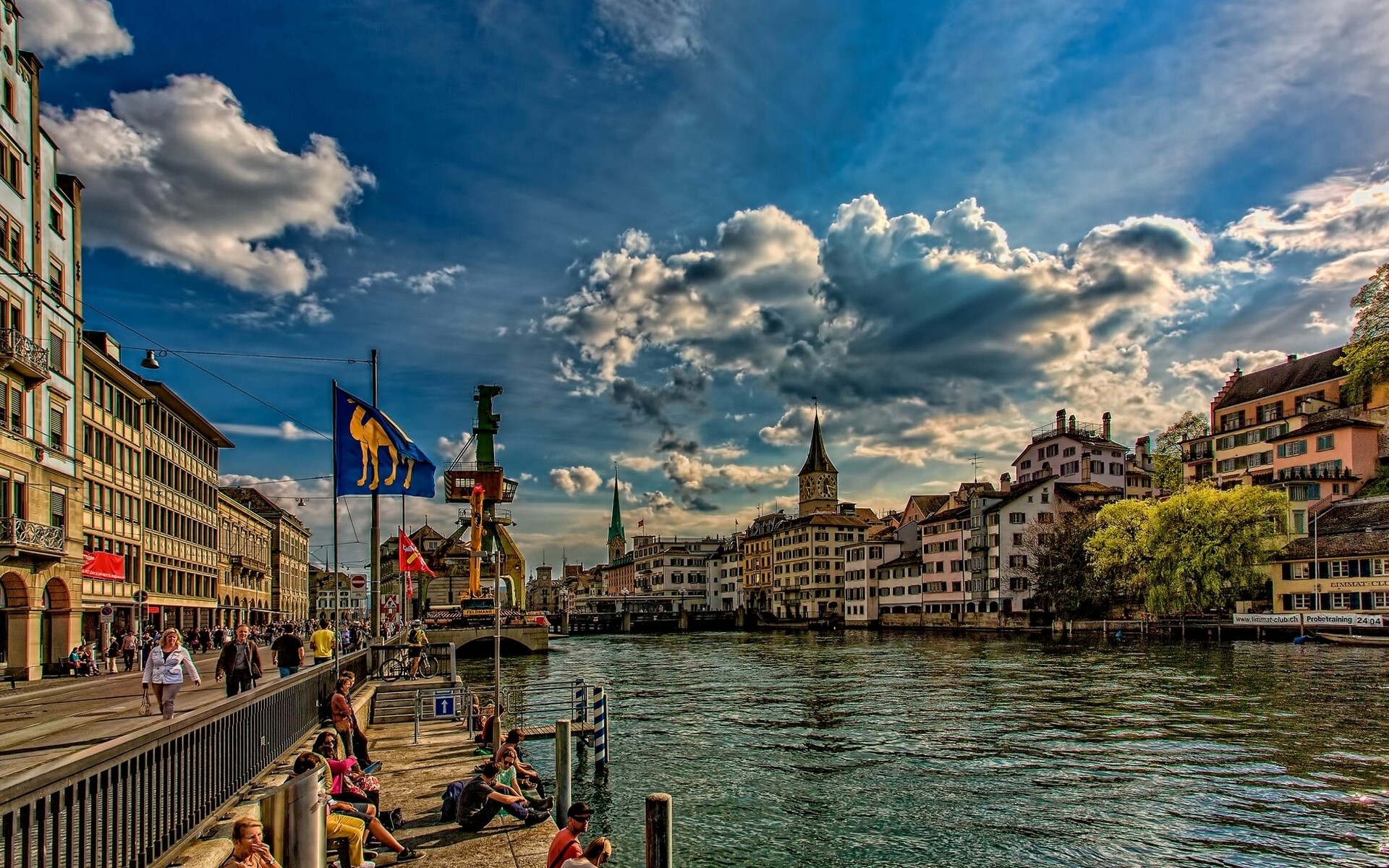 Limmat River in Zurich, Switzerland with Buildings and Clouds HD Wallpaper