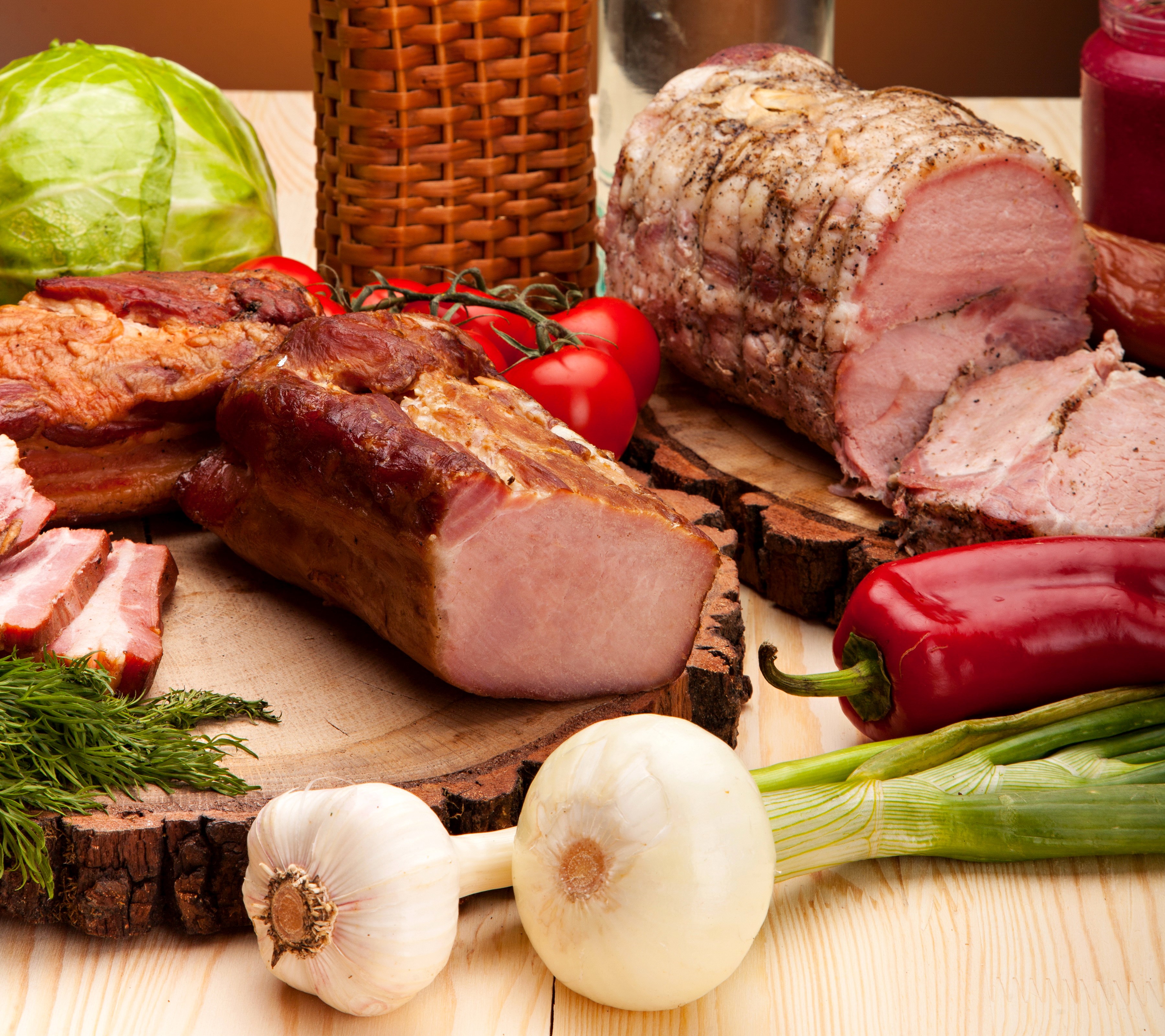 Assortment of meat products with vegetables HD Wallpaper