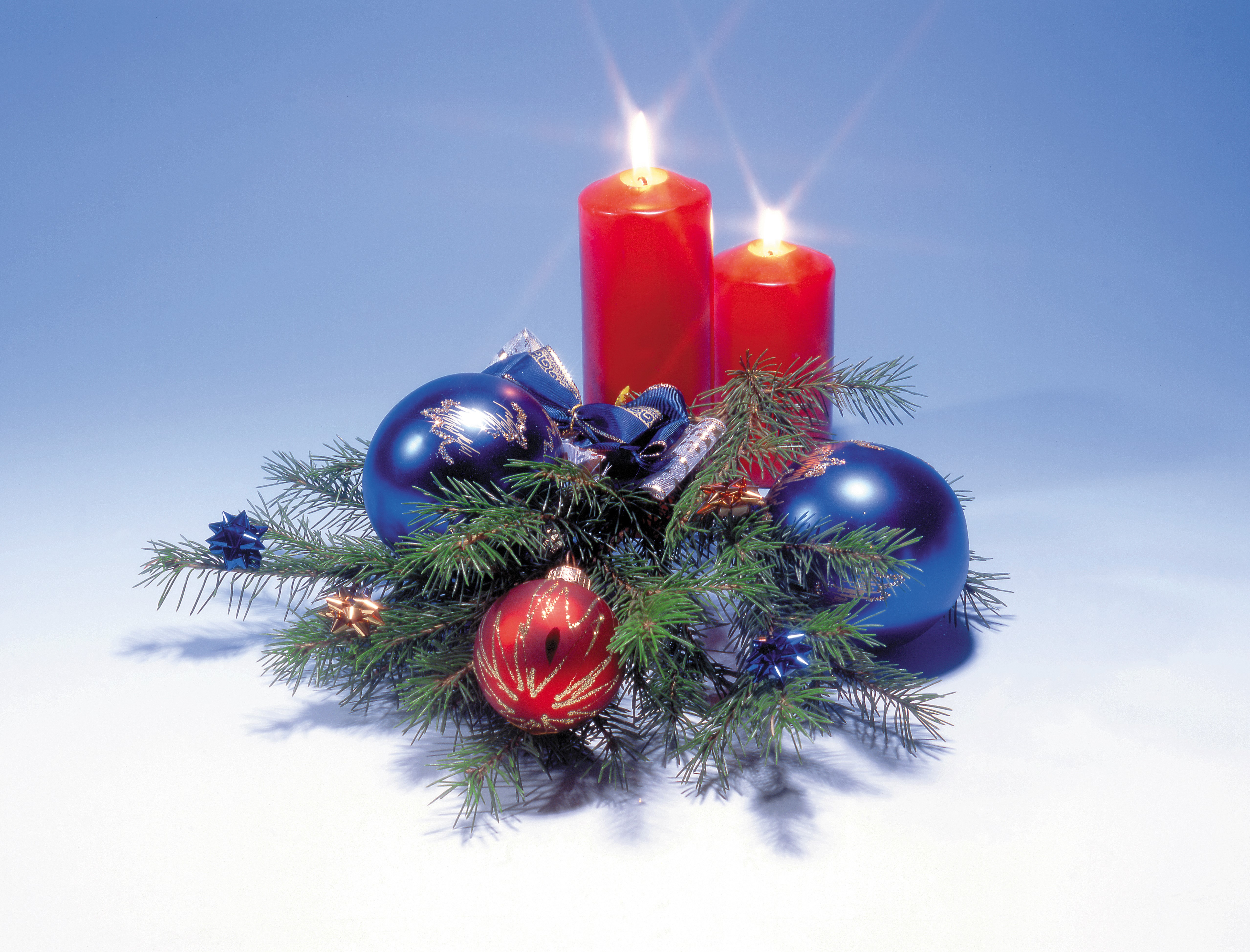 Christmas Candles with Ornaments and Pine Branches HD Wallpaper