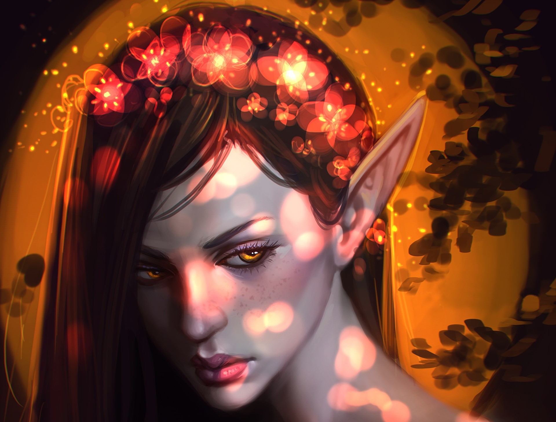 Elf with flower crown and glowing eyes HD Wallpaper