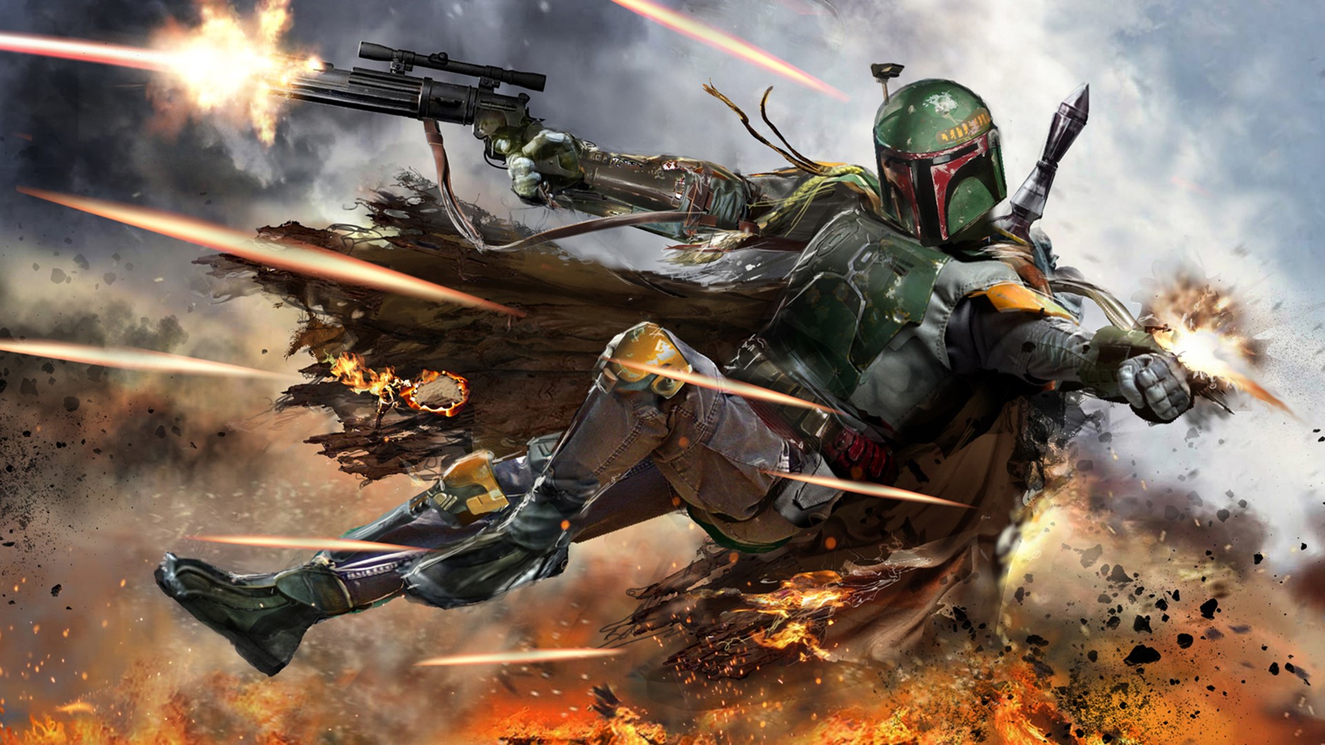 Boba Fett from Star Wars firing a rifle HD Wallpaper