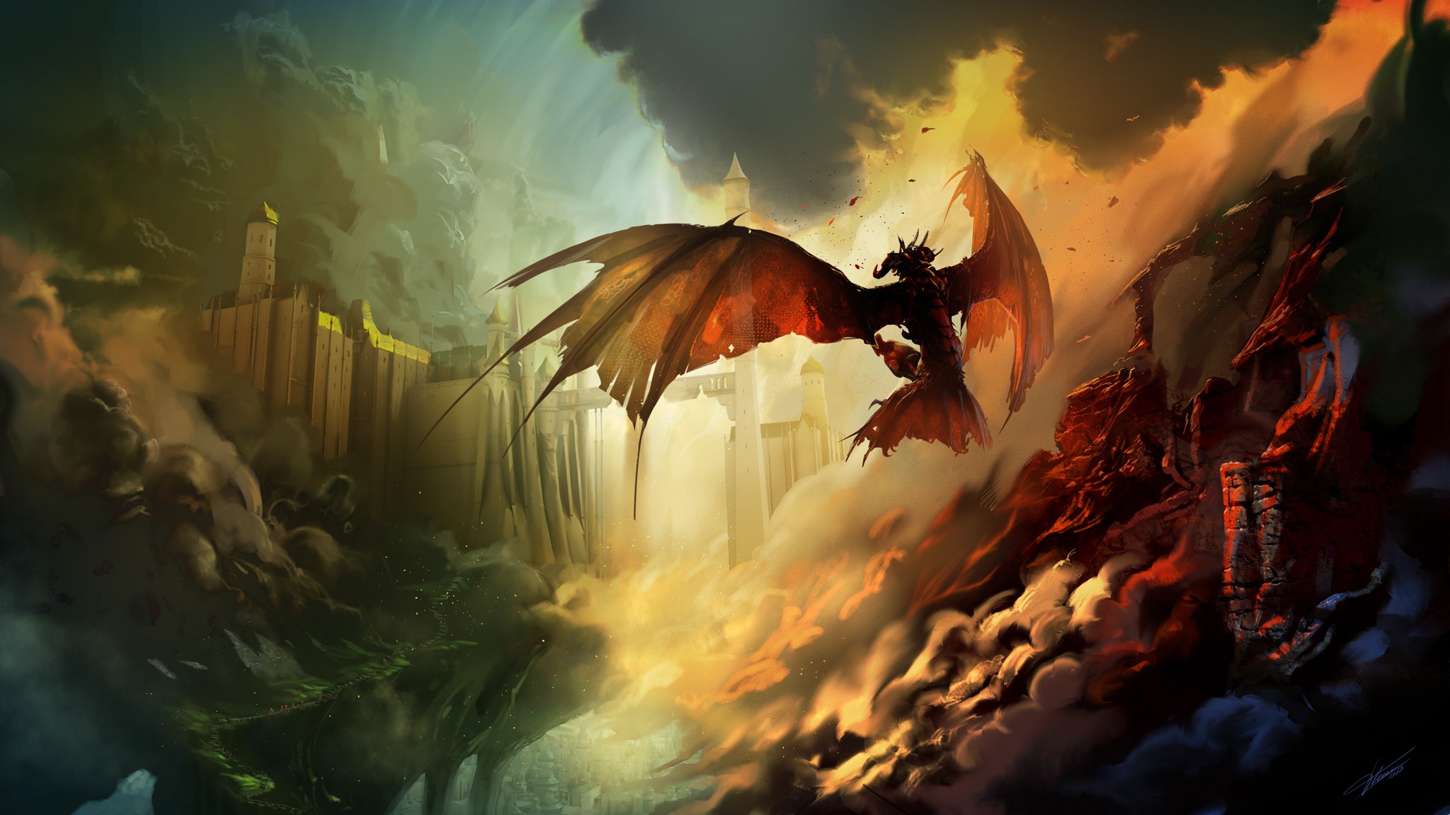 Dragon flying over castles and fiery mountains HD Wallpaper