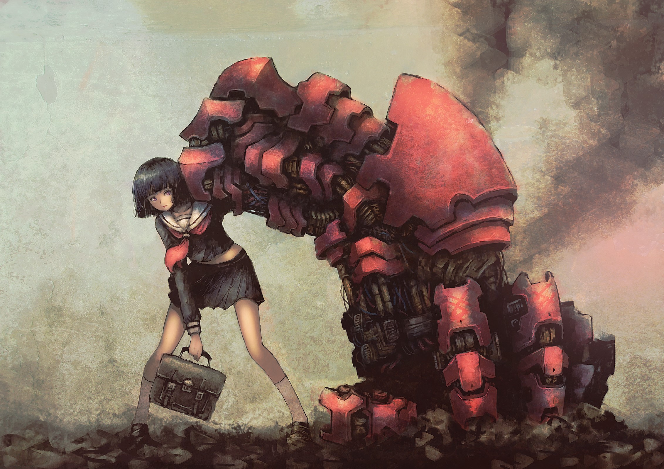 Girl in school uniform with a giant robot arm HD Wallpaper