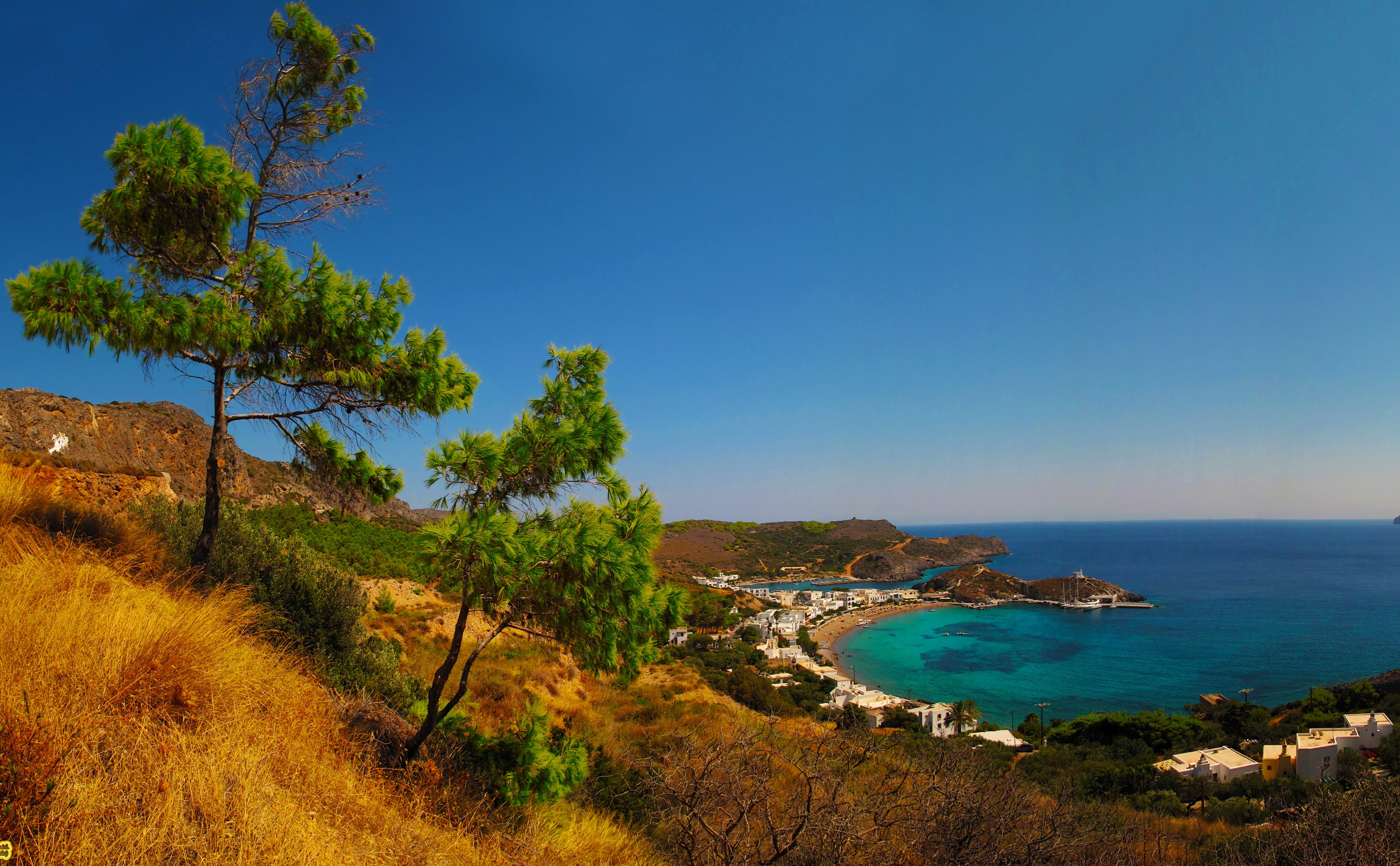 4K Kapsali Greece Coast with Trees HD Wallpaper