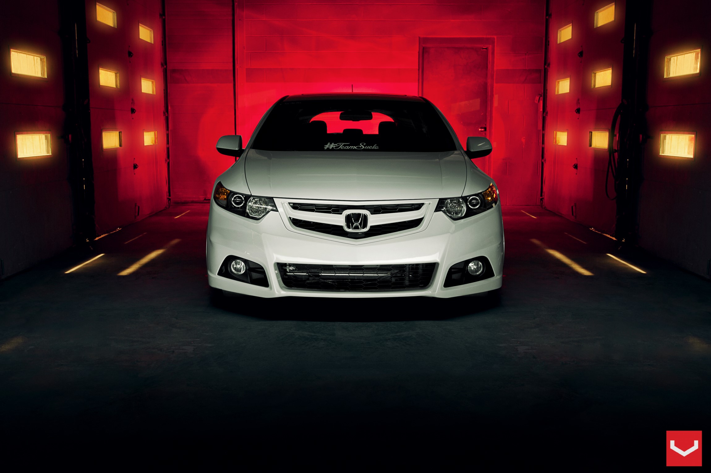 White Honda Accord in a Red Garage HD Wallpaper
