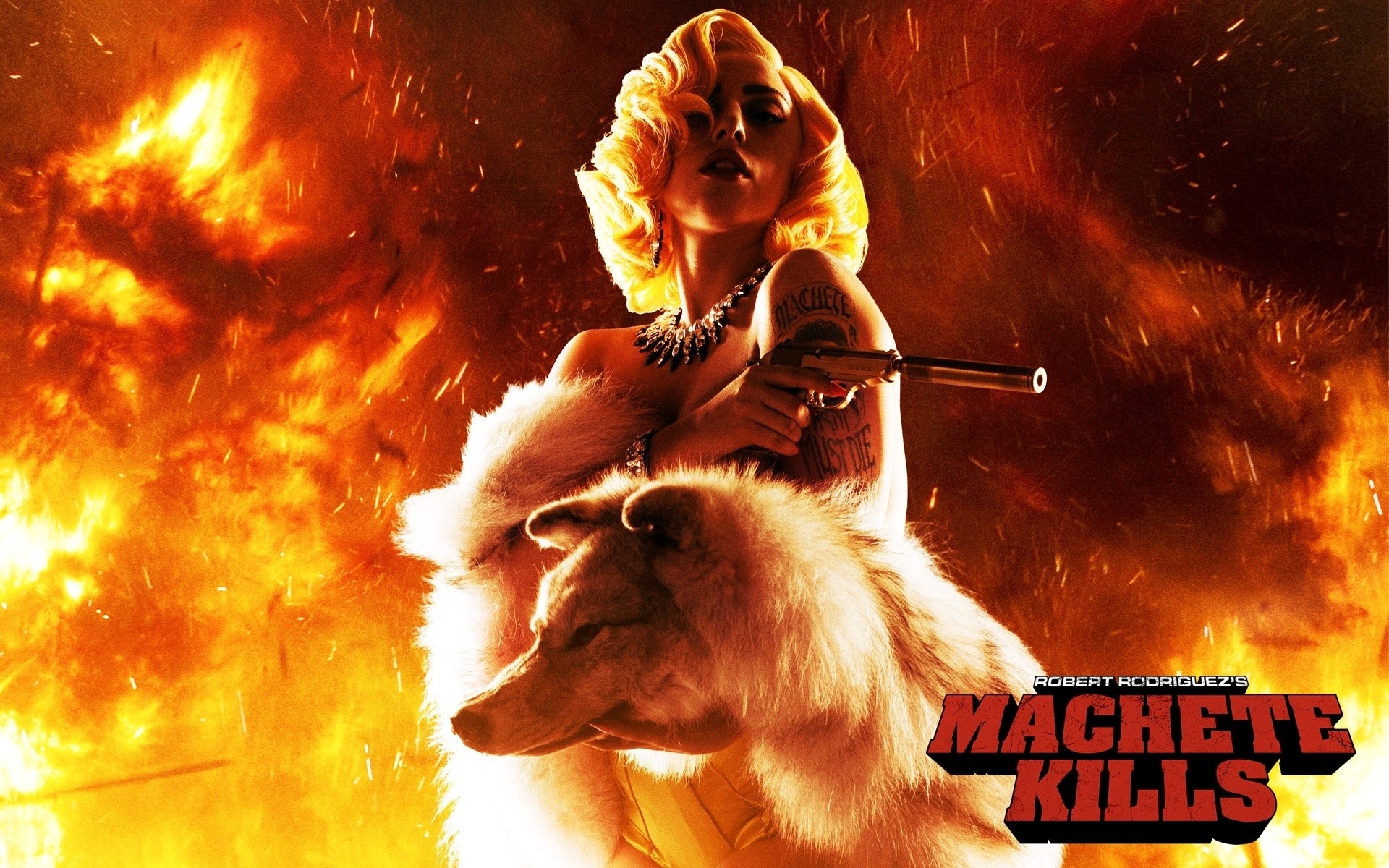 Lady Gaga with a pistol and wolf in Machete Kills HD Wallpaper