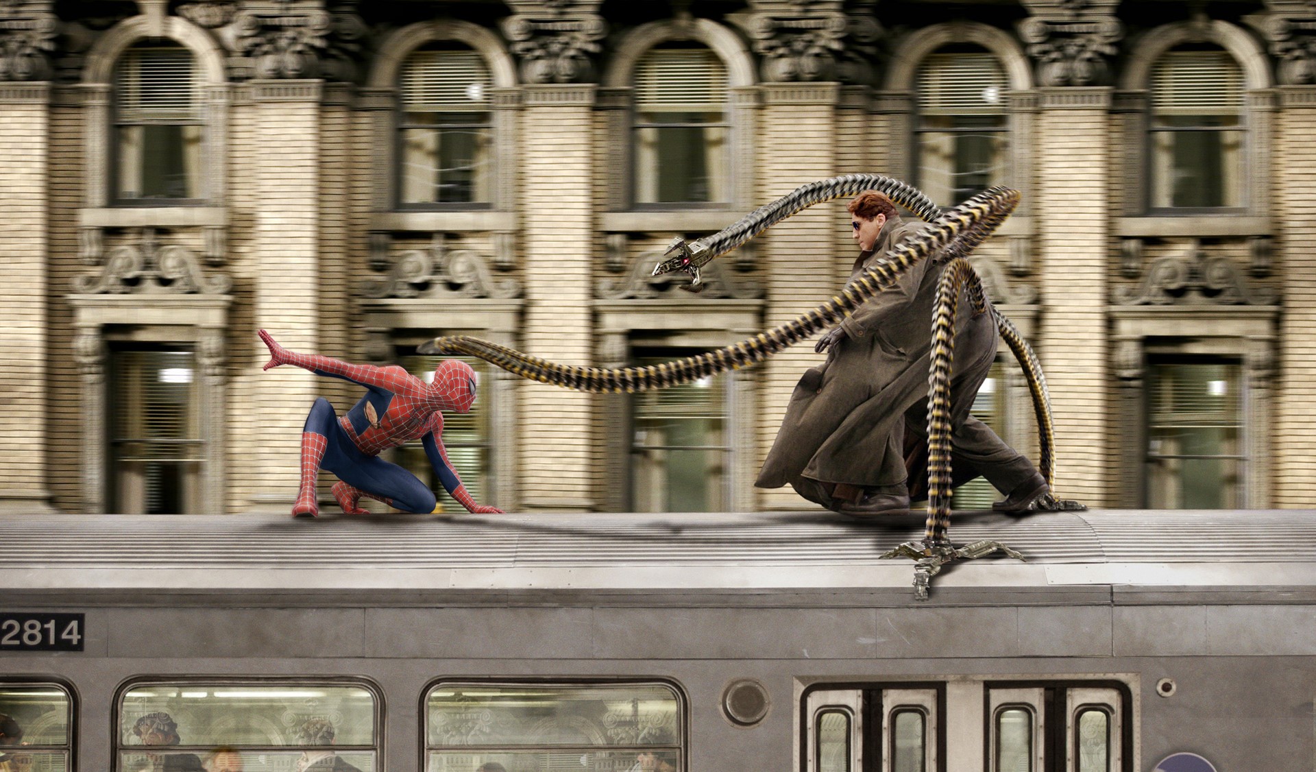 Spider-Man and Doctor Octopus on a Train HD Wallpaper