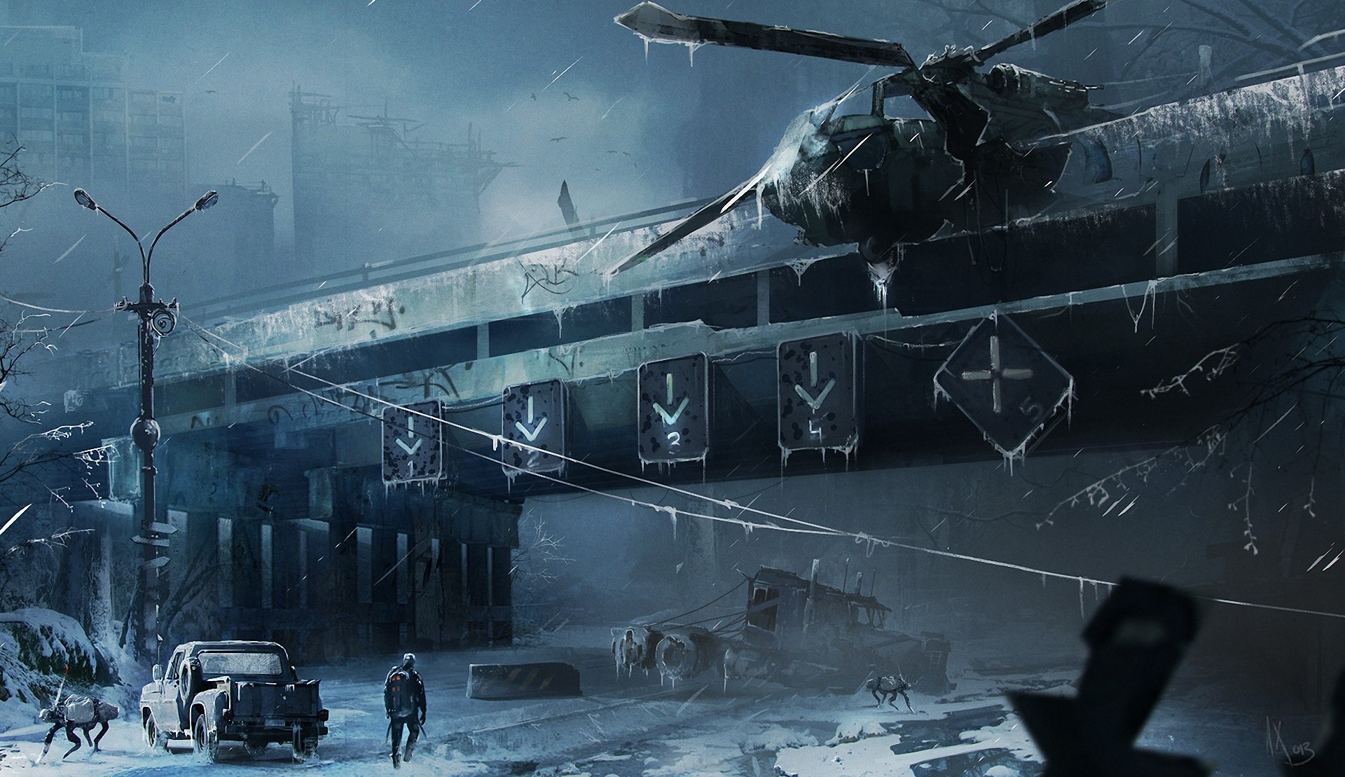Post-apocalyptic winter scene with helicopter and vehicles HD Wallpaper