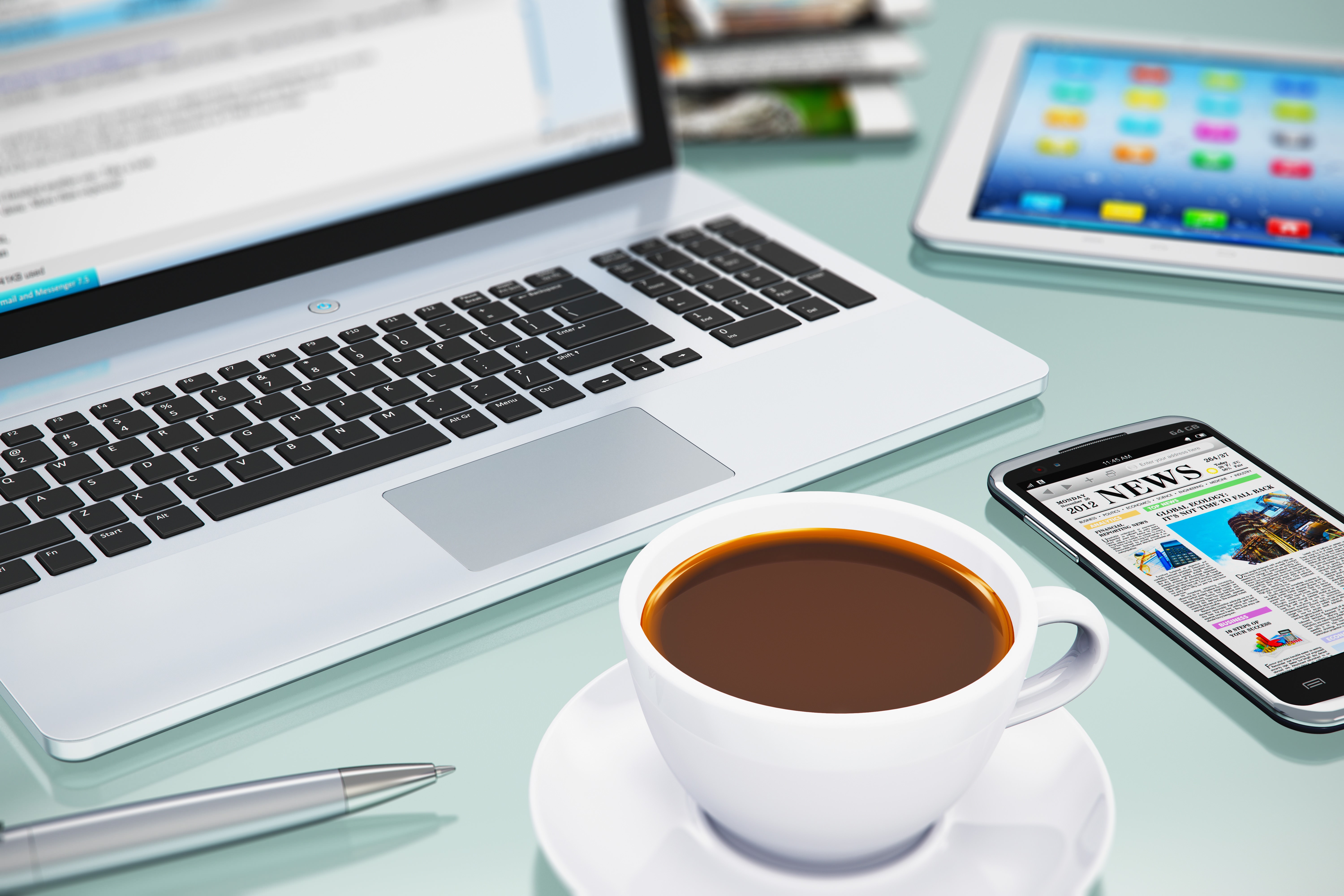 Laptop, Tablet, Smartphone, and Coffee Cup on Desk HD Wallpaper