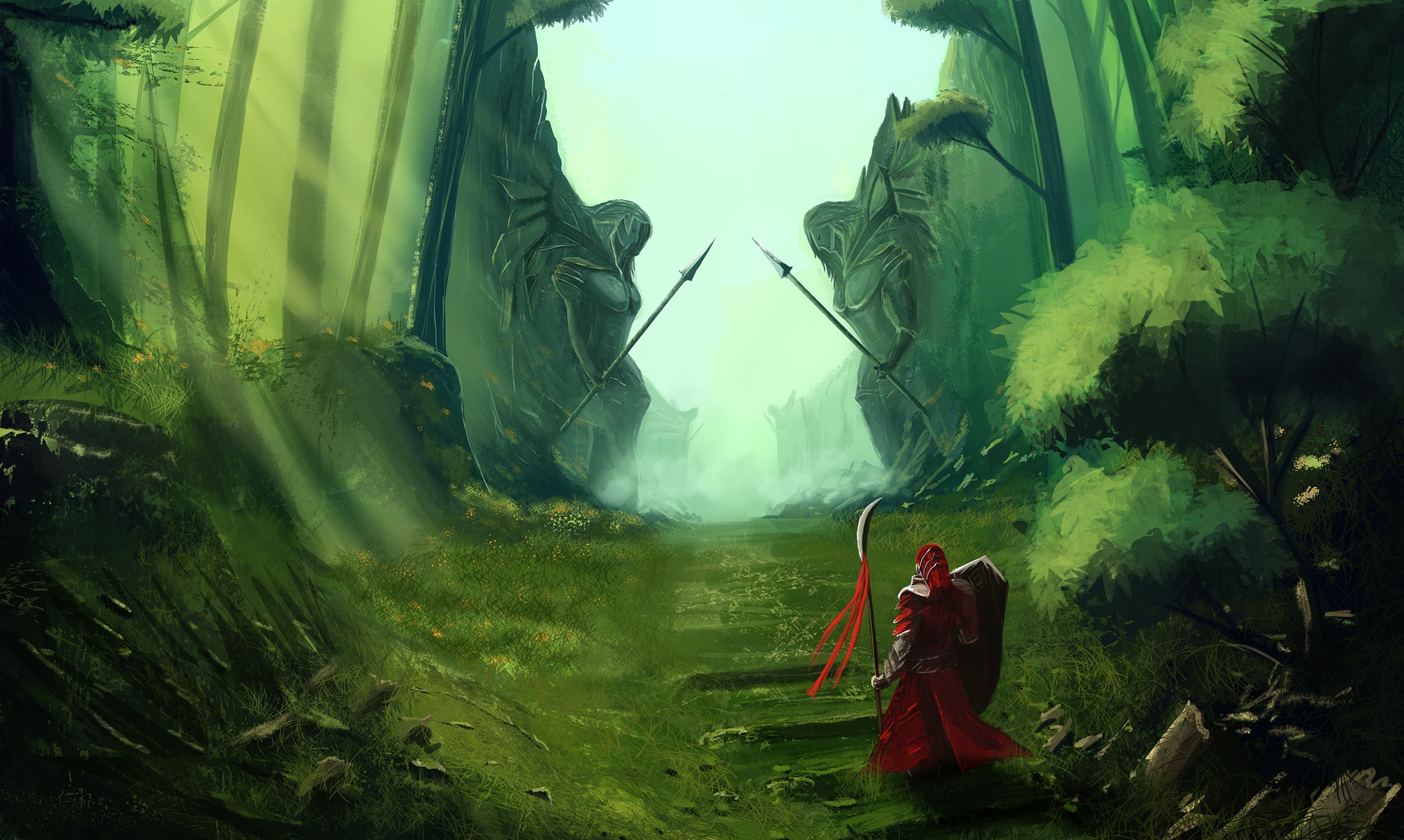 Warrior in red armor with a shield and spear HD Wallpaper