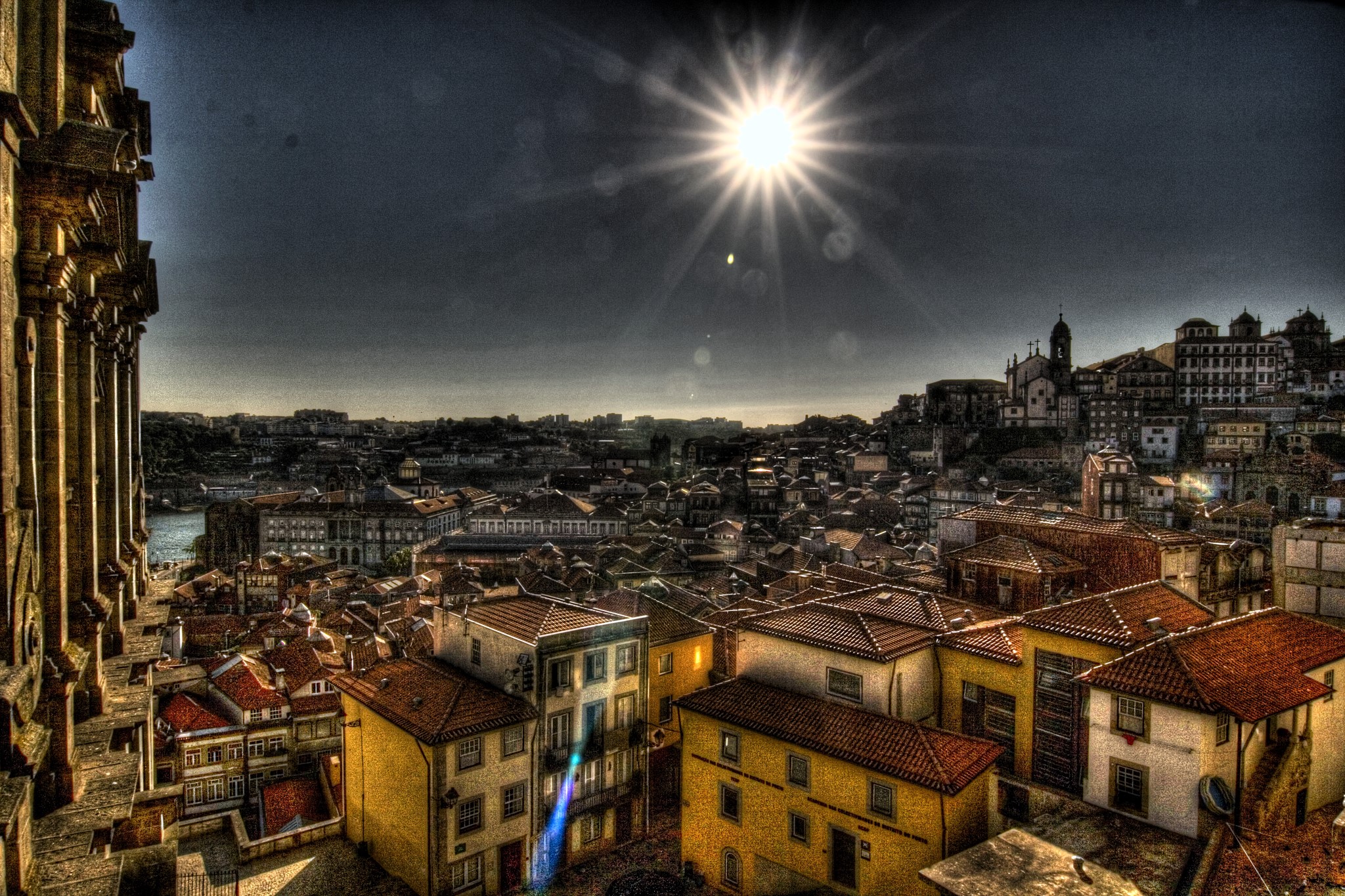 Porto, Portugal cityscape with sun rays HD Wallpaper