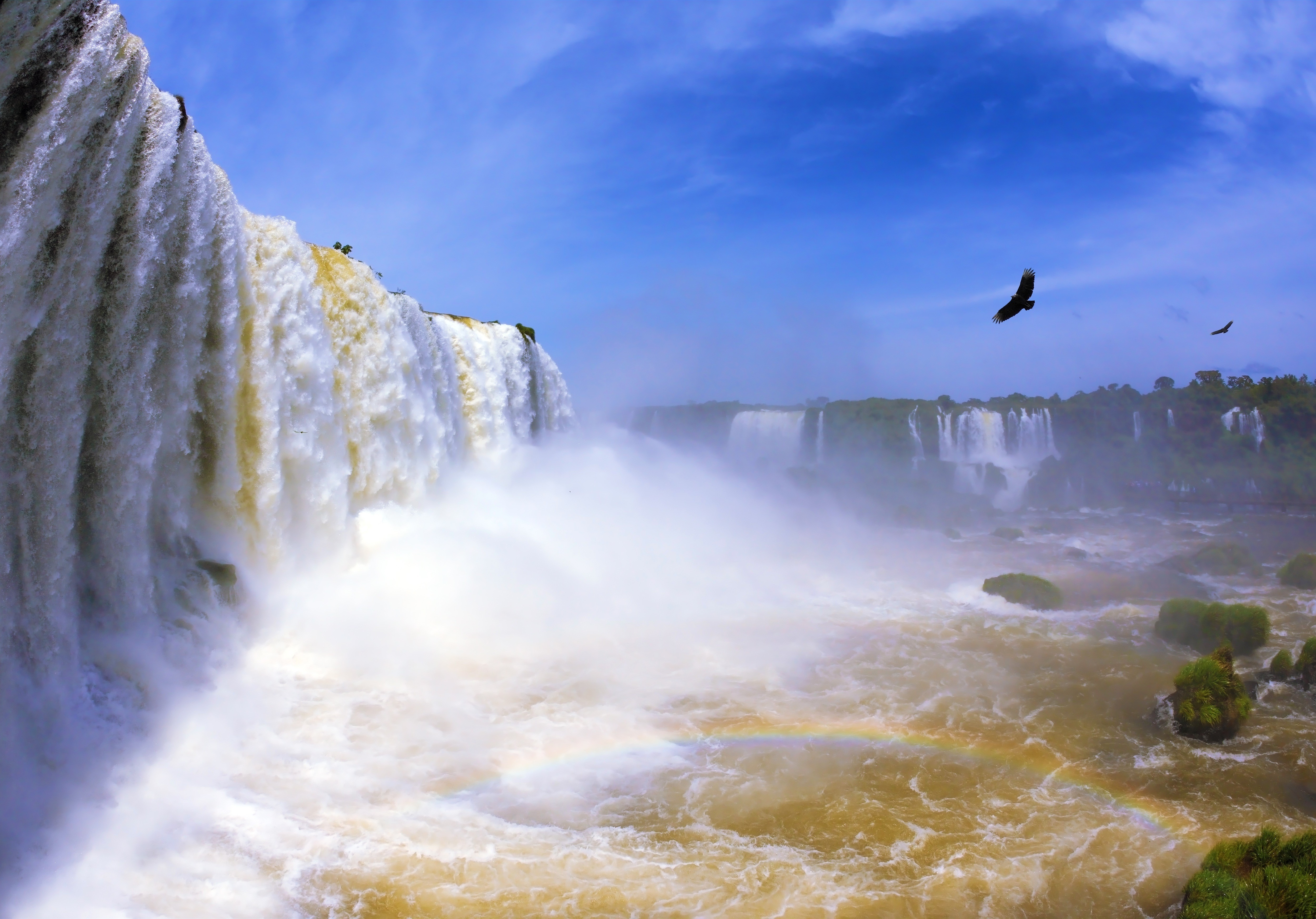 Waterfalls with Rainbow and Birds in the Sky HD Wallpaper