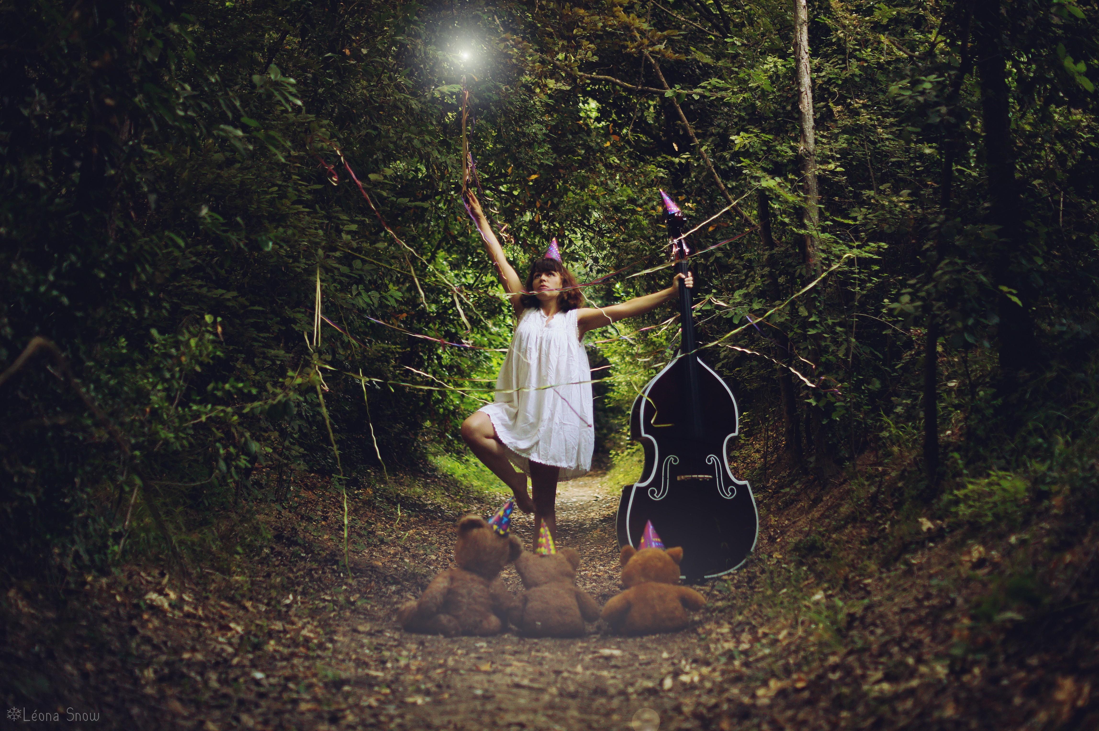 Girl with Cello and Teddy Bears in Forest HD Wallpaper