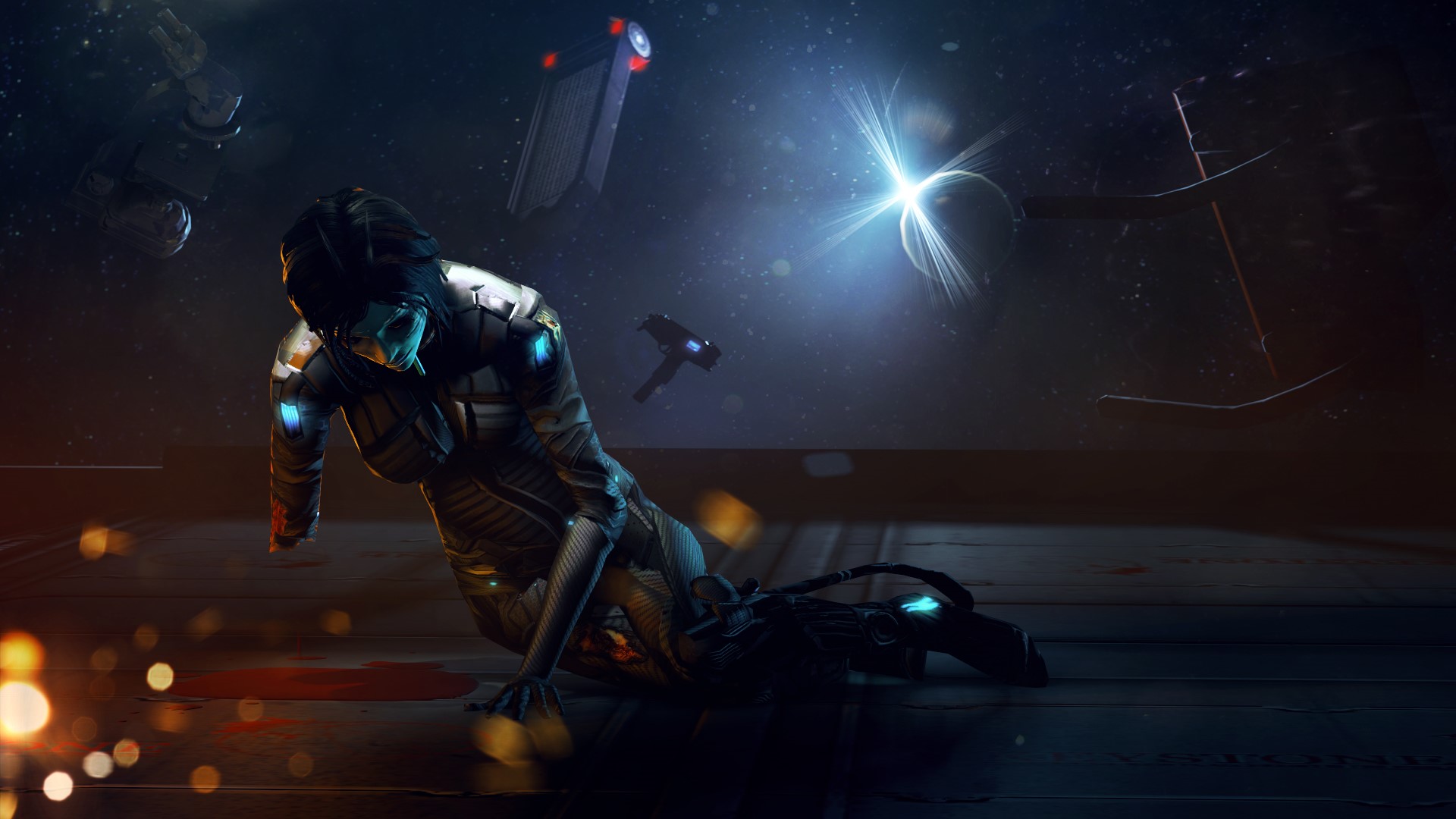 Injured astronaut in space with debris HD Wallpaper