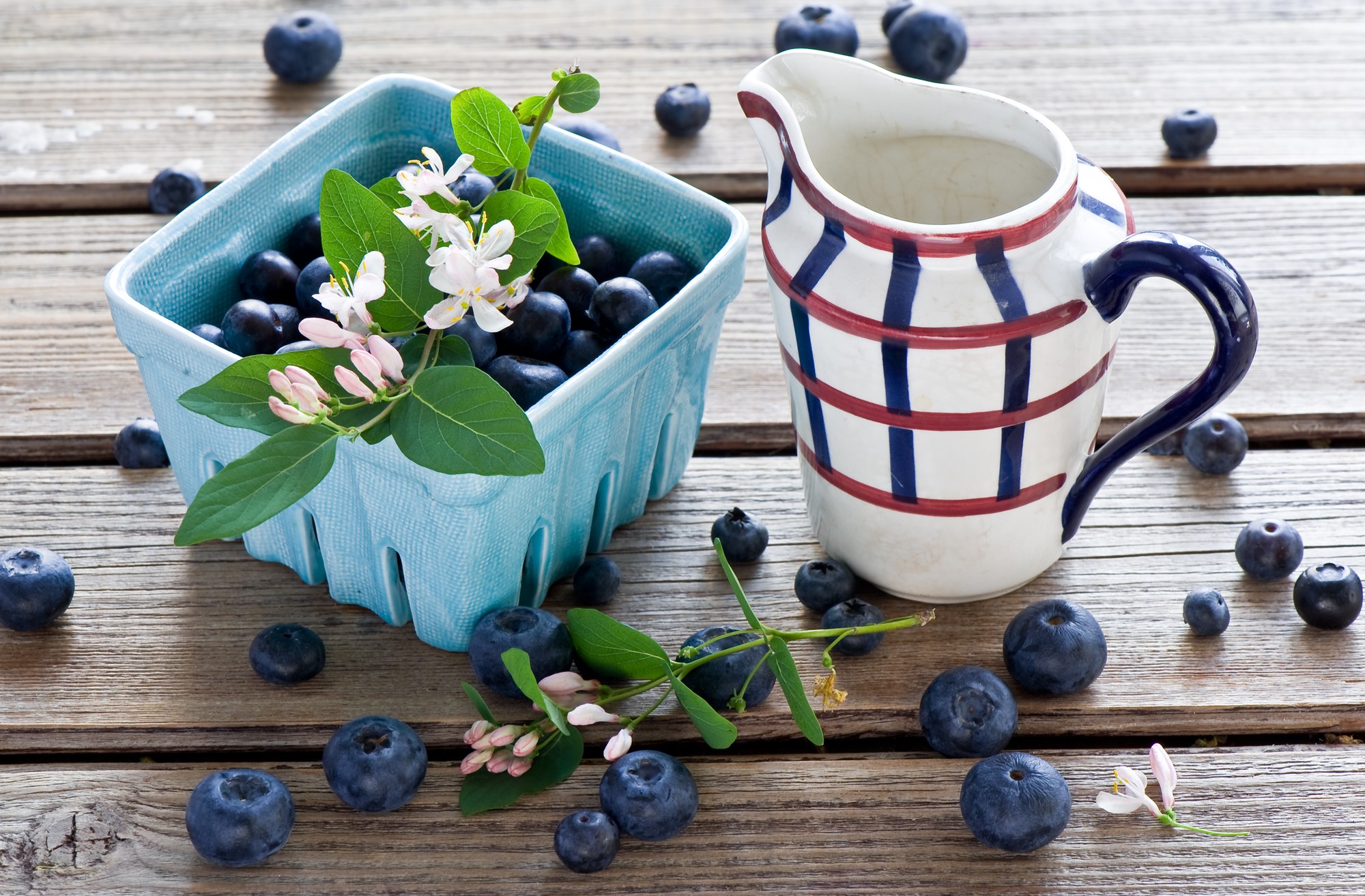 Blueberries in a basket with a pitcher HD Wallpaper