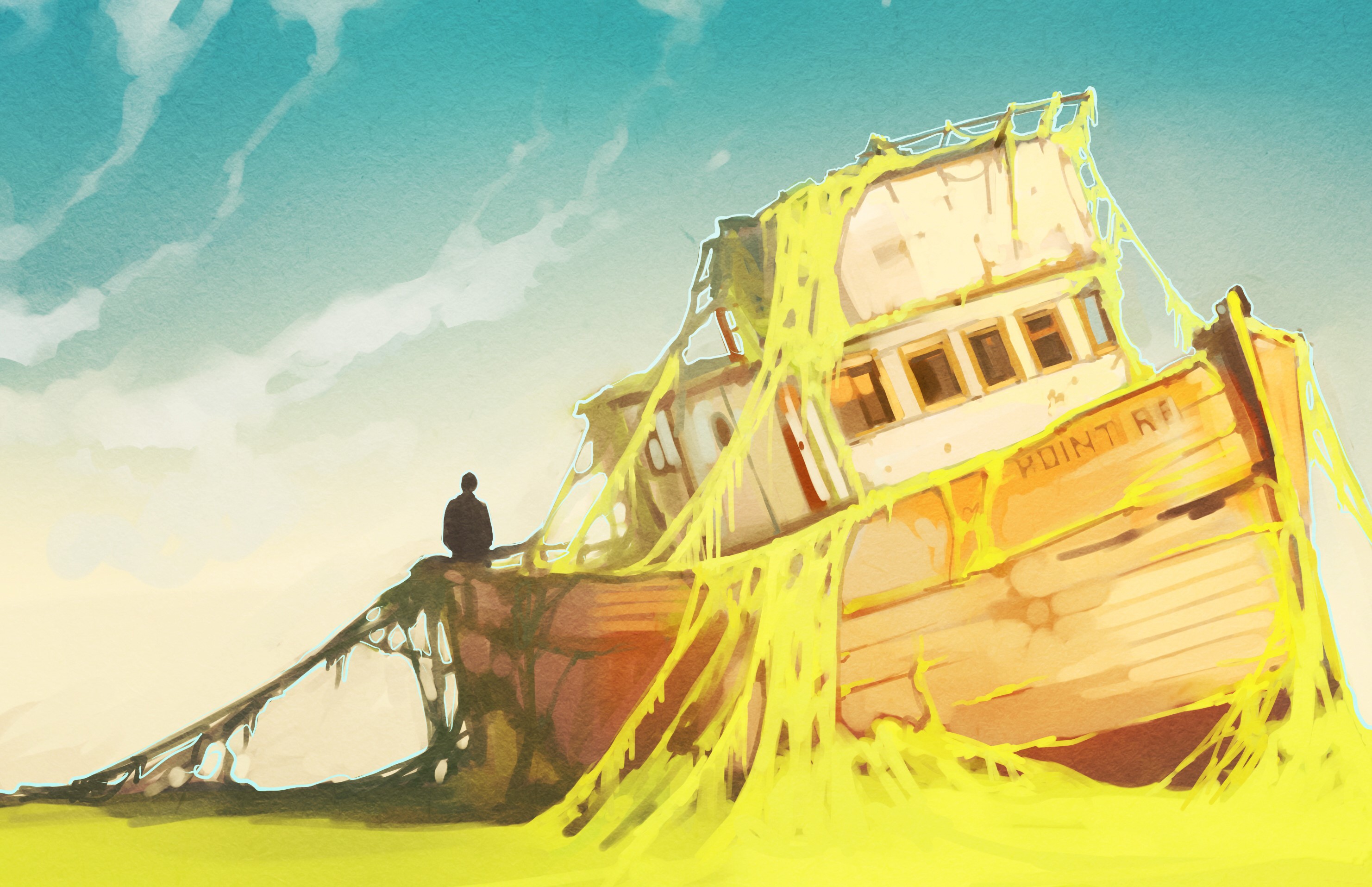 Painting of a shipwreck with a person sitting on it HD Wallpaper