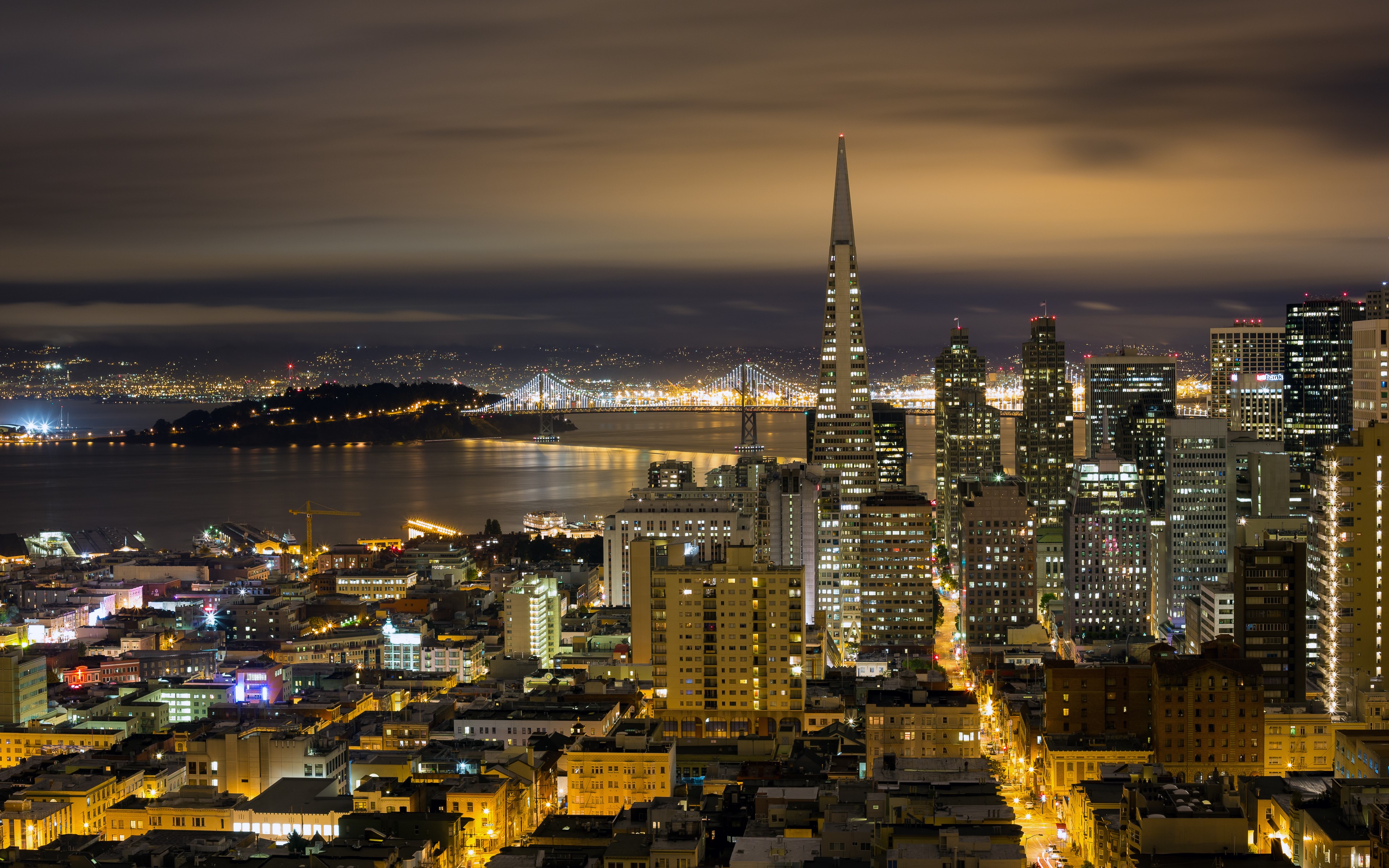 San Francisco Skyline at Night with Bay Bridge HD Wallpaper