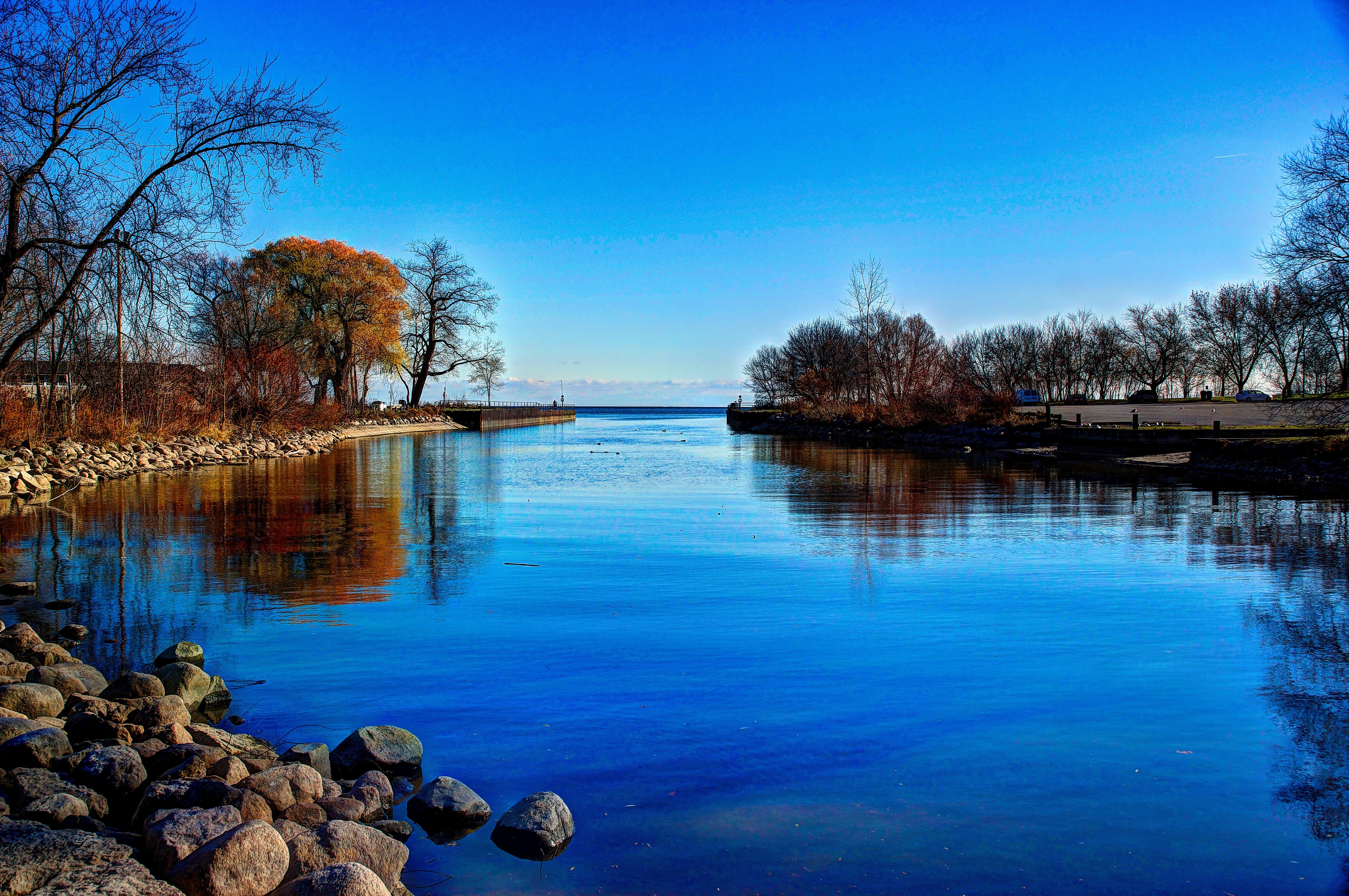 Lake with Trees and Stones HD Wallpaper