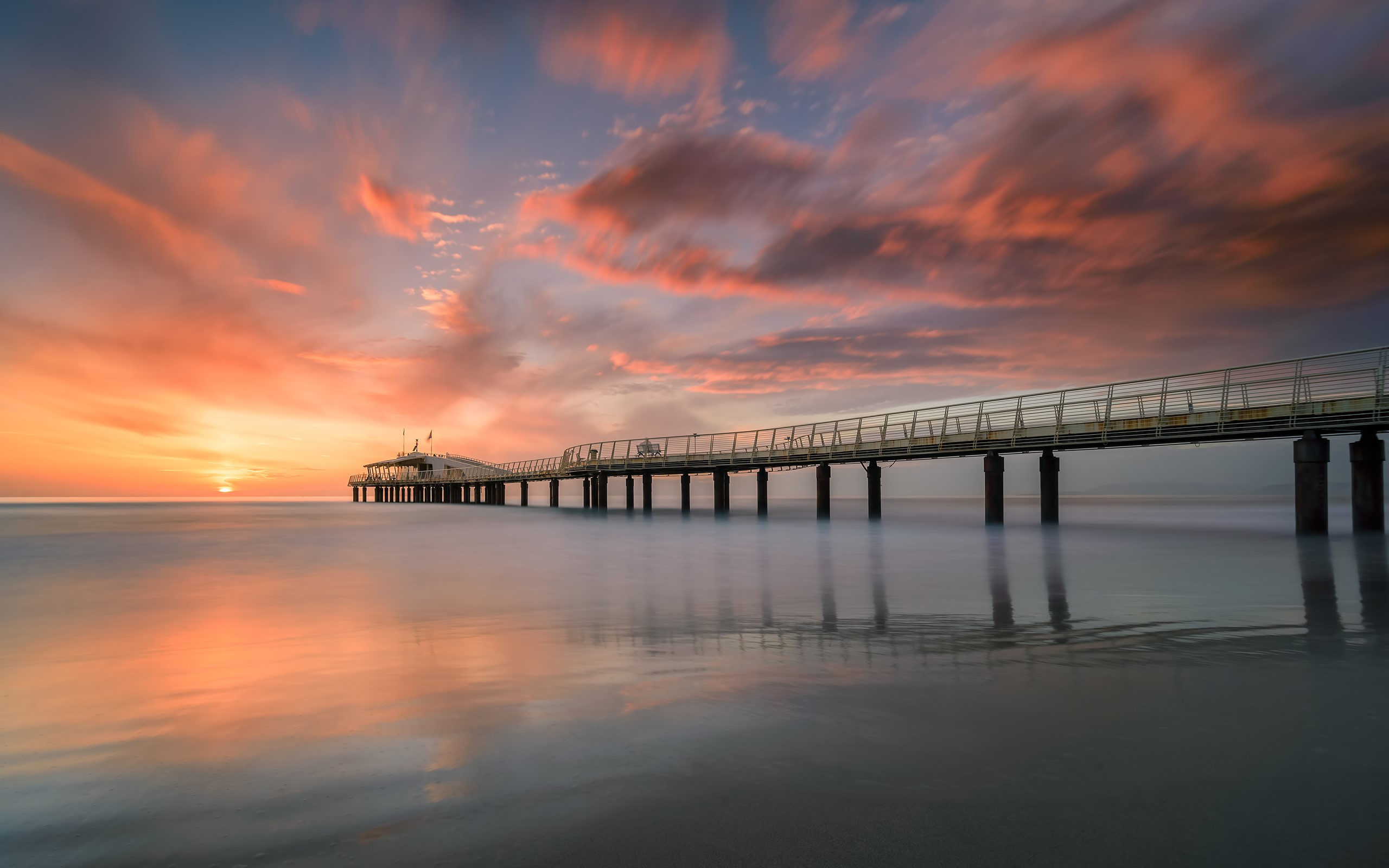 Pier at Sunset over the Sea HD Wallpaper