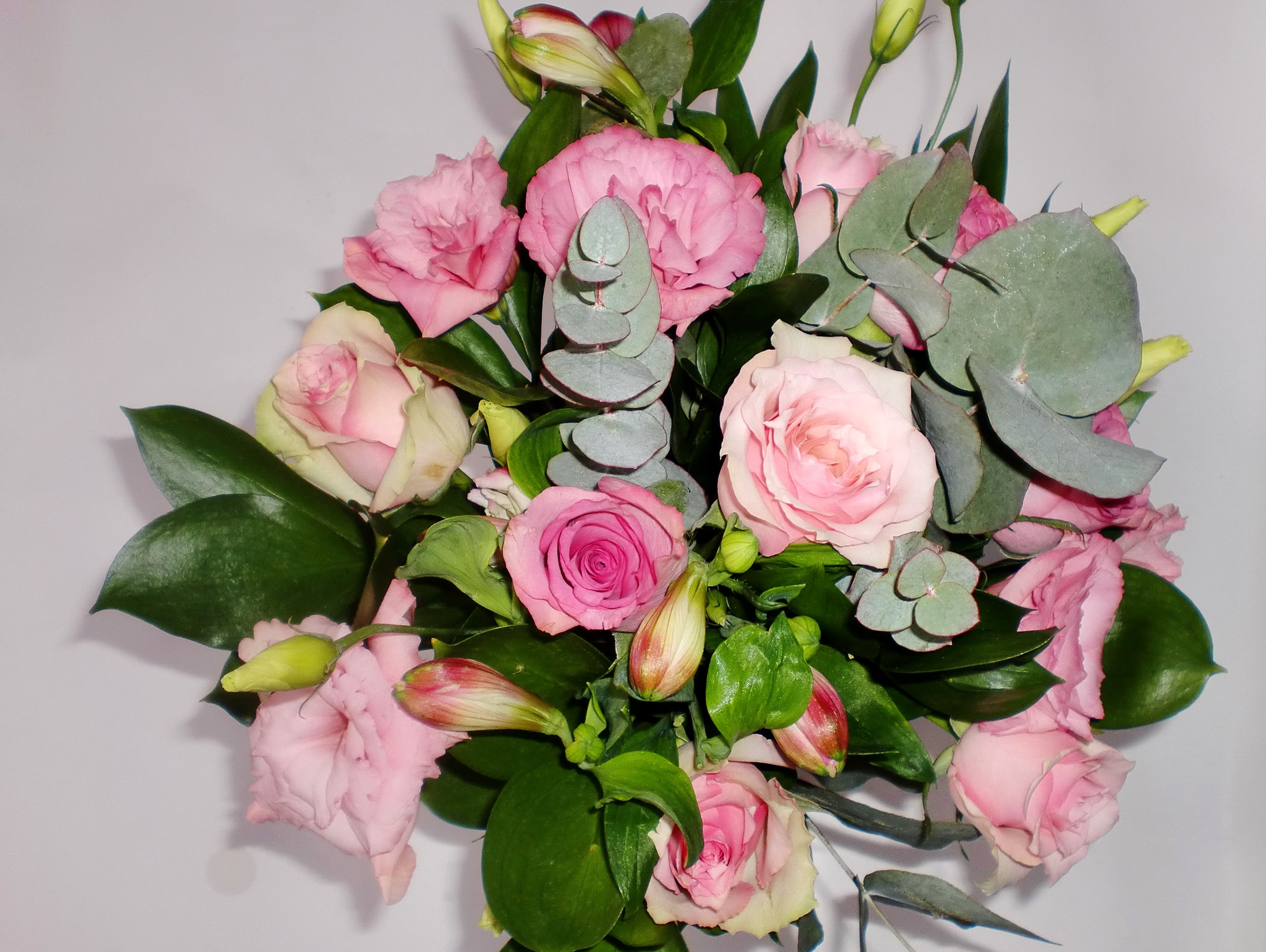 Pink Roses and Eustoma Bouquet with Eucalyptus HD Wallpaper
