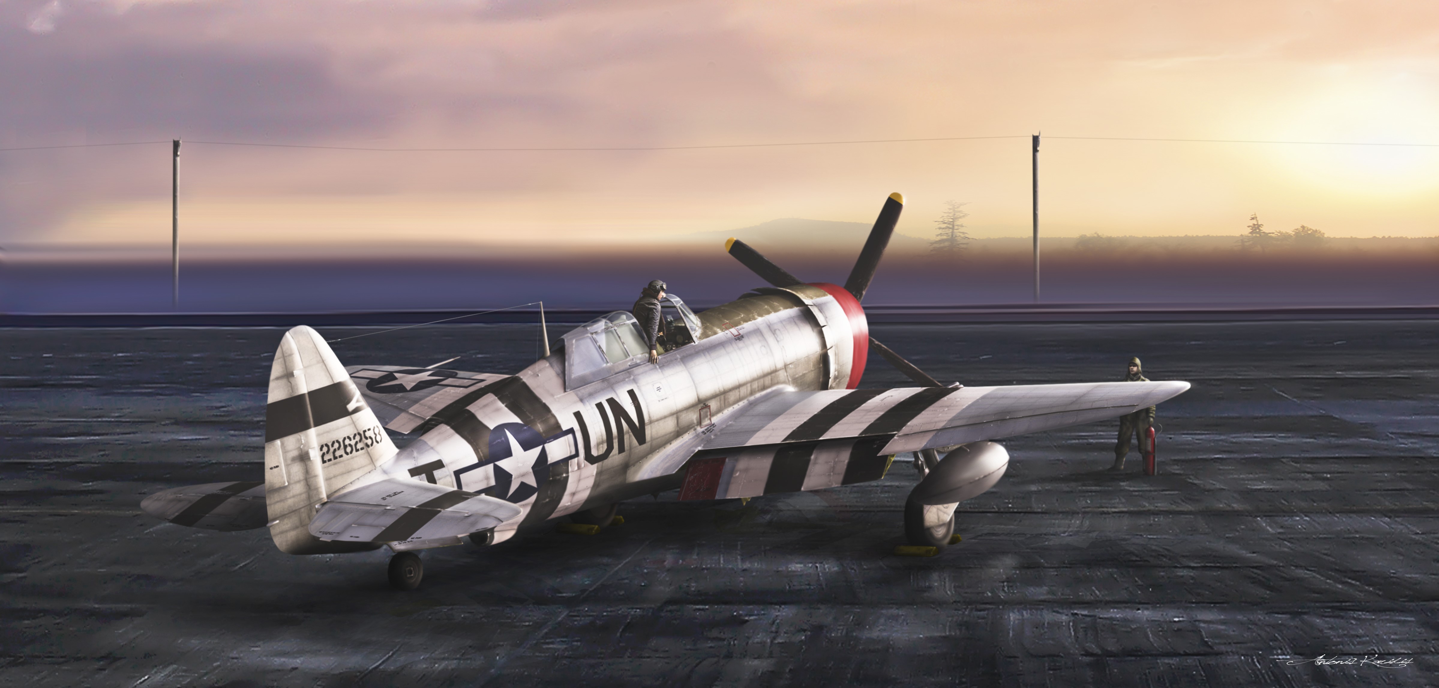 P-47 Thunderbolt airplane on tarmac at sunrise HD Wallpaper